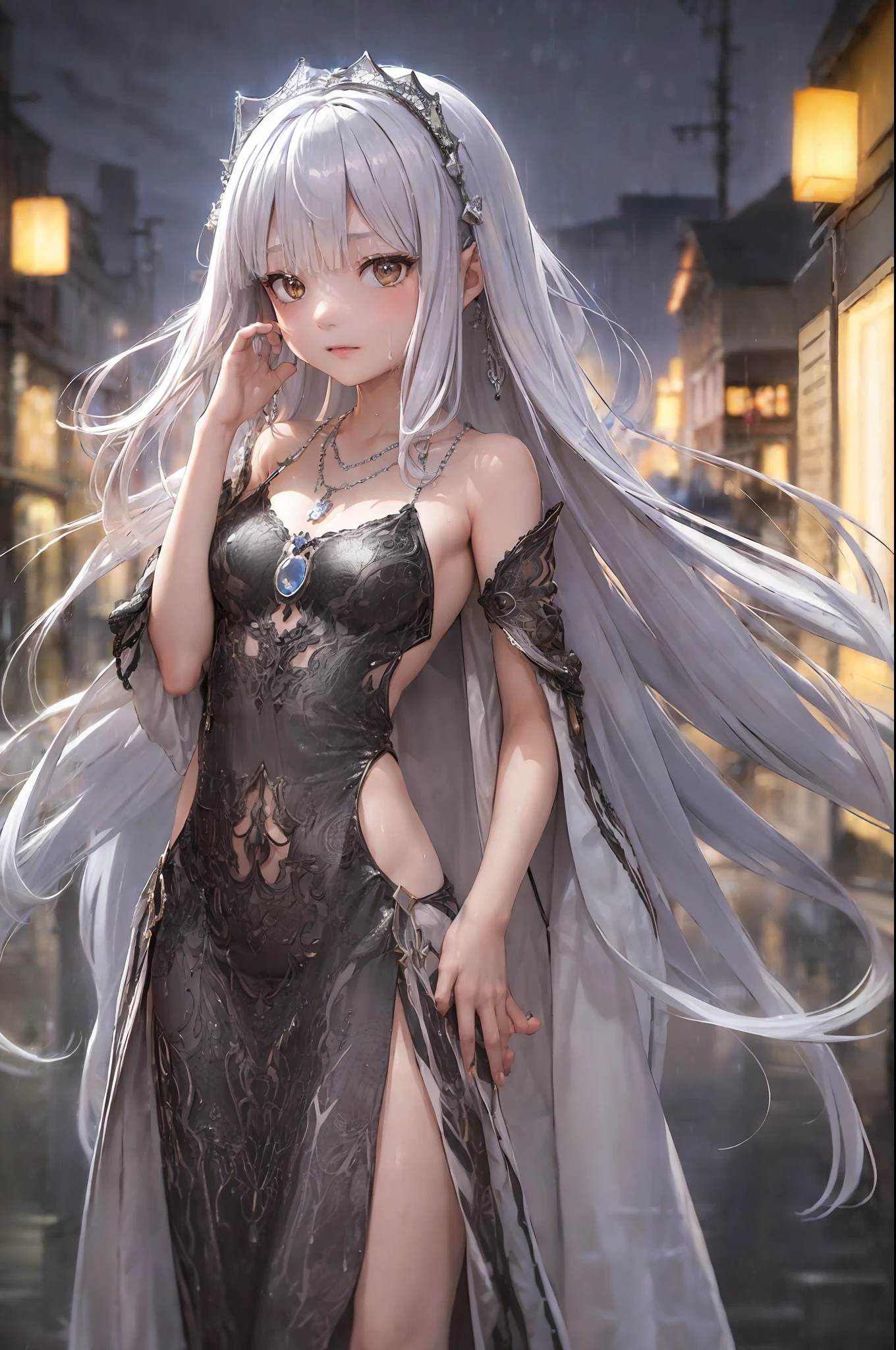 (8k, best quality, masterpiece: 1.2), one girl, headdress, portrait, (long loose silver exposed dress: 1.1), necklace, cute, cityscape, night, rain, wet, photon mapping, radiosity, physics-based rendering, (intricate details, taut clothes, hair ornaments: 1.2), silver hair