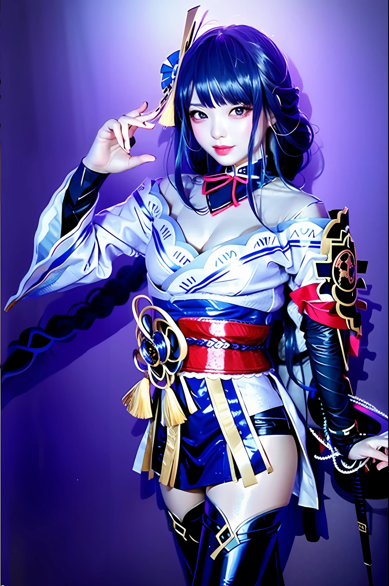 High quality, clear picture, girl, Korean woman, beauty, beauty, beautiful girl, clothes latex texture, silver shape, seductive smile, sexy, sexiness, five senses, gorgeous, professional photographer taking pictures, colorful lighting, (Kenshin Impact) ,whole body,