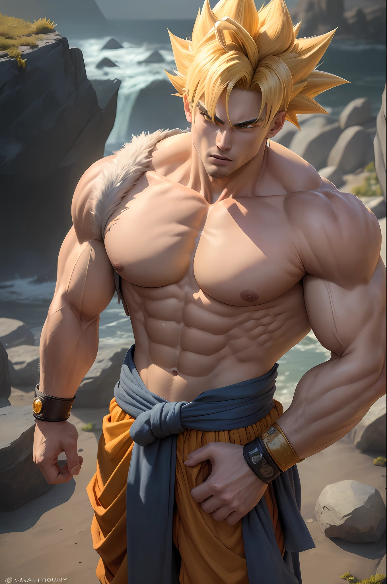 ((best quality)), ((masterpiece)), ((realistic)), (detailed), son goku, 1boy, biceps, blonde hair, green eyes, blue sash, blue wristband, clenched hands, collarbone, dougi, electricity, energy, floating rocks, yellow aura, frown, looking at viewer, full body, male focus, muscular, muscular male, pectorals, rock, sash, scratches, serious, solo, spiked hair, super saiyan, super saiyan 1, topless male, v-shaped eyebrows, wristband, , insanely detailed, detailed background, ((masterpiece)), absurdres, 8k uhd