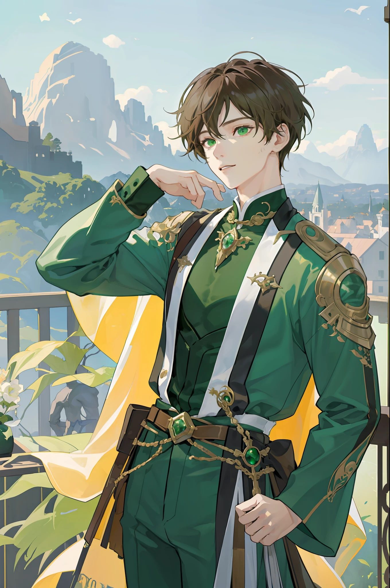 (best quality:1.2),(1boy),(masterpiece:1.2), (best artist 1.3), (best lighting 1.2), (best performance 1.2), (best artist 1.2), (best graphics 1.2), ( best performer 1.2), (Wlop 1.2), (Ross Tran 1.2), (Sandro Botticelli 1.2), (Stanley Artgerm Lau 1.2), cute boy with brown hair, (green eyes), (great result), (16k resolution) , (HDR+) (amazing landscape 1.2)