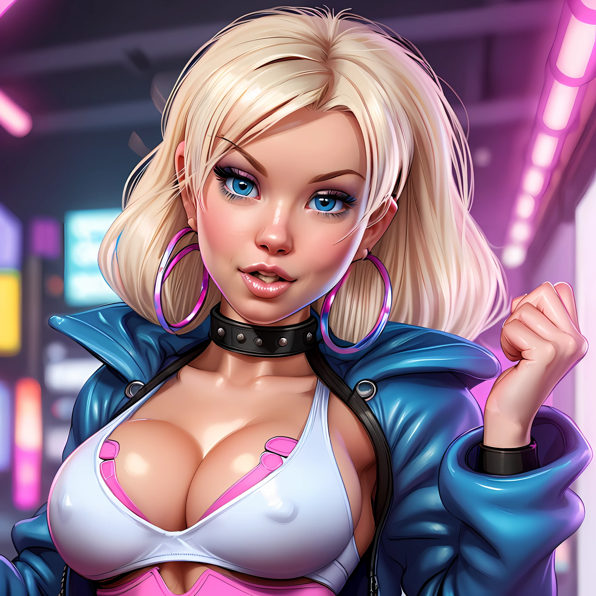 (thepit bimbo:1.4)), blue eyes, crop top, high thong, hoop earrings, detailed, skin texture, back-length hair, blonde hair, beestung lips, symmetric, centered, closeup, upper body, cleavage focus, collar, mini jacket, looking at viewer, kneesocks, 8k, highly detailed, glossy, [Nina Dobrev|Emma Stone], photo-realistic, cyberpunk