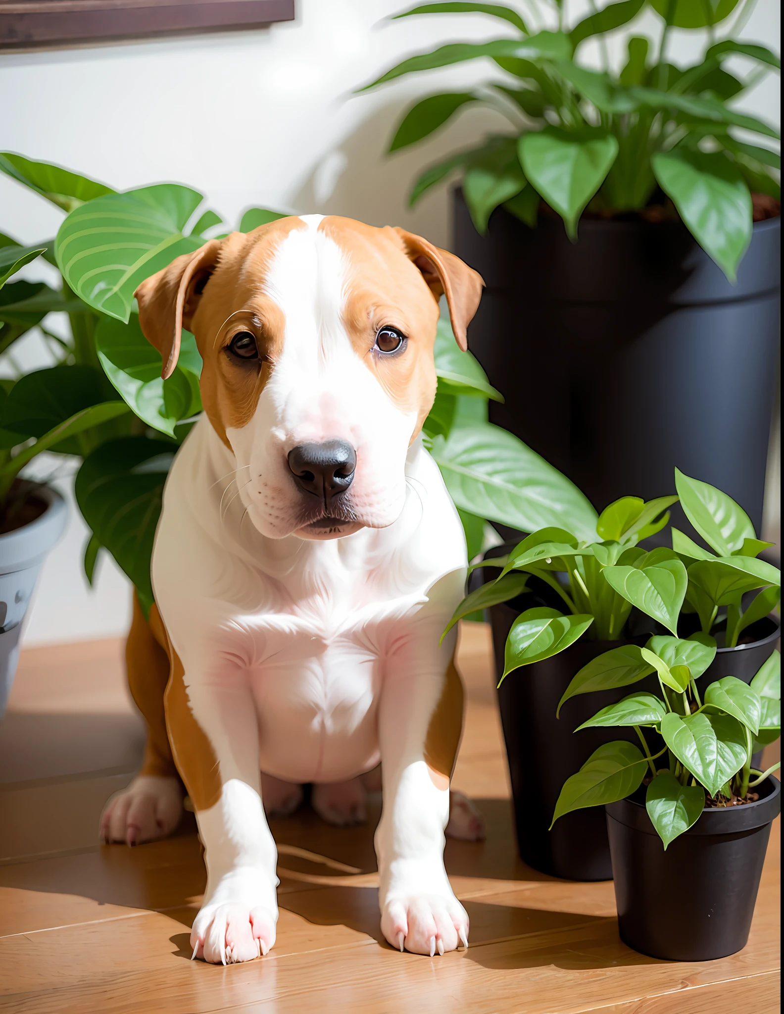bull terrier puppy sleeping next to a potted plant