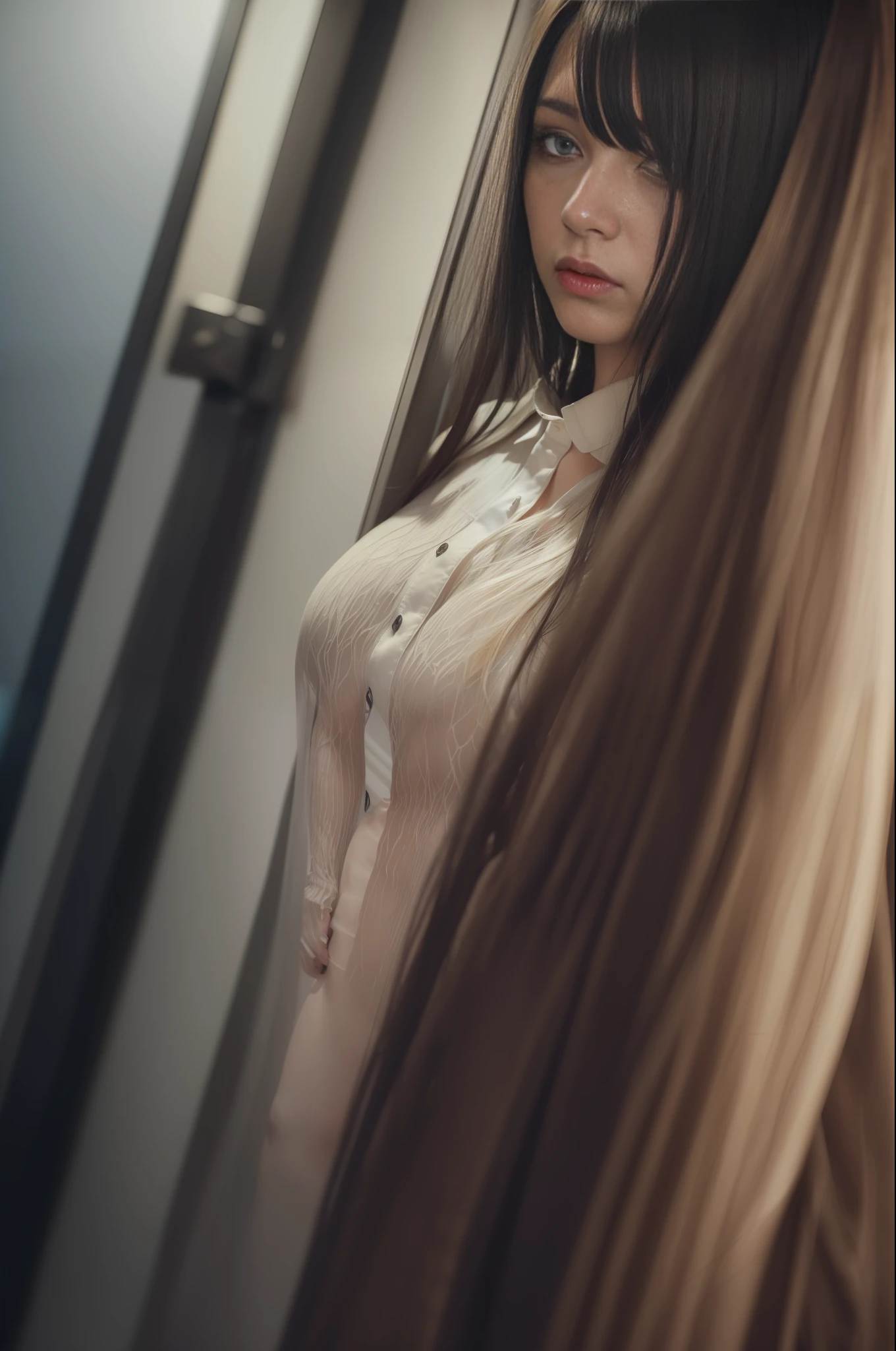 1girl, solo, brown eyes, white hair, (HP: 1), walking in a dark subway car, (surrounded by many people: 1.2), crowd, full body, (uniform: 1.5), dullyarts, damaged background details ,eye details,(The Last Survivor\), (realism:1.4),official art,unreal 8k wallpaper,ultra-detailed,horror unique,masterpiece,best quality,(dynamic angle:1.4),(dark and elegant Lighting: 1.2), Calm, Dim Colors, Horror, Horror Style, Medium Chest, (Fear Style)
