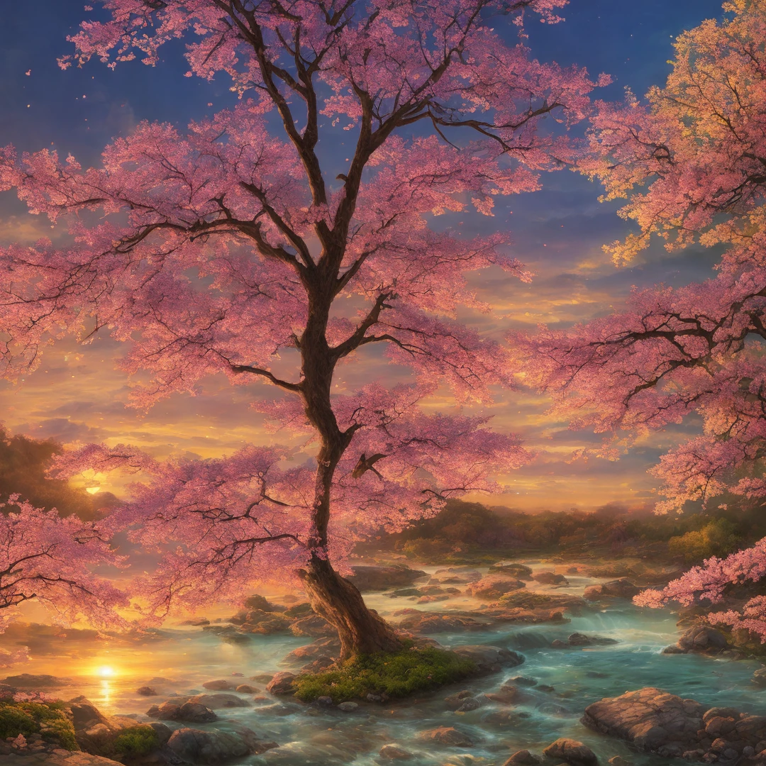 (photorealistic:1.2), illustrated by Hidenori Matsubara, vibrant fantasy landscape, cherry blossom petals falling, illuminated by a warm and inviting sunset, smooth shading and textures, and a subtle glow