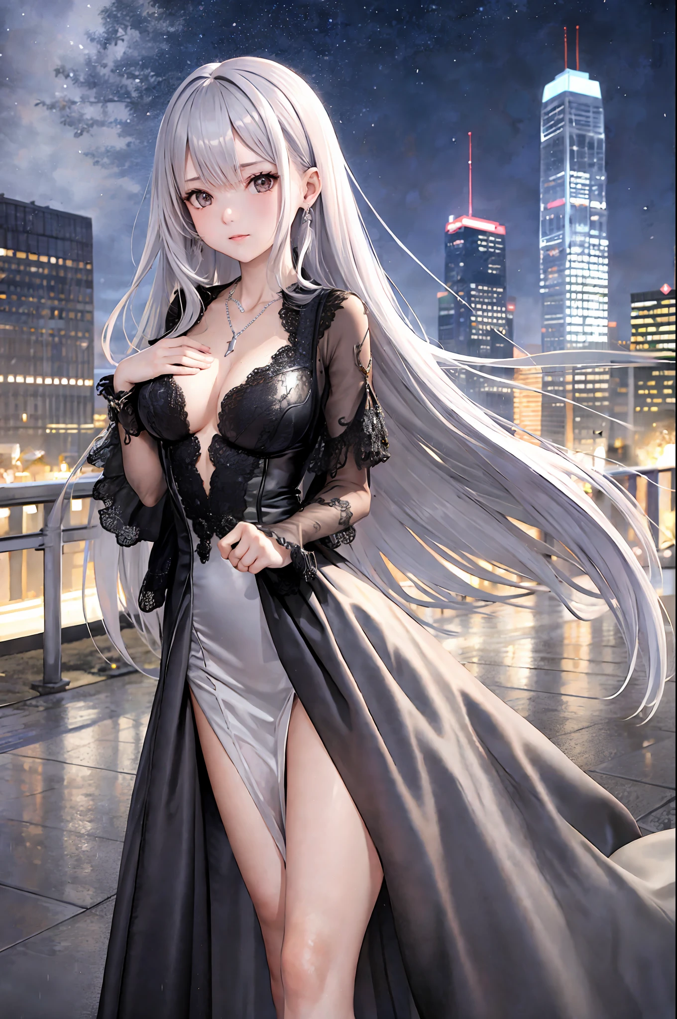 (8k, best quality, masterpiece: 1.2), 1 girl, 20s, portrait, (long loose silver exposed dress: 1.1), necklace, pretty, cityscape, night, rain, wet, photon mapping, radiosity, physics-based rendering, (intricate details, taut clothes, hair ornaments: 1.2), silver hair, one hand in front of the chest