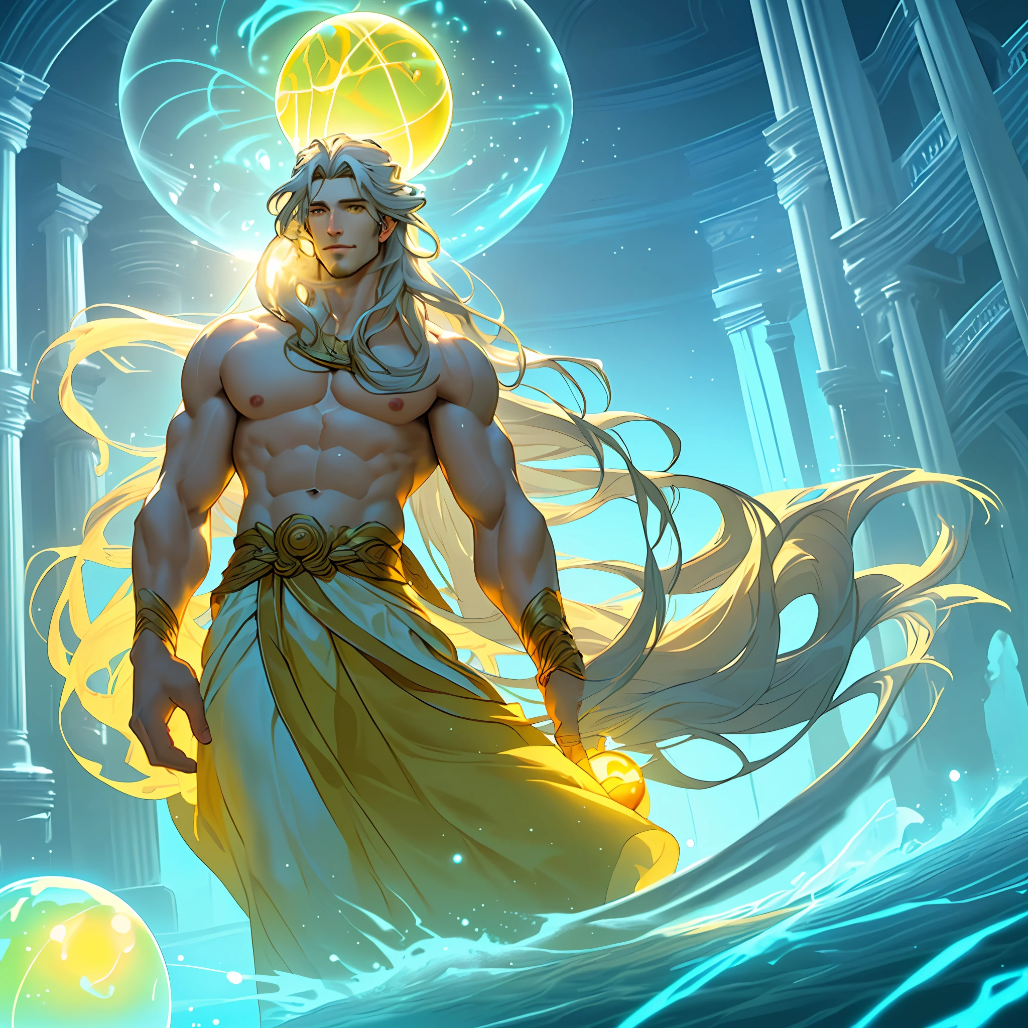 ((handsome man), (long hair), (sculpted body), (god of beauty)), ((two-story lab), (floating), (yellow glow emanating from a sphere in his hand))