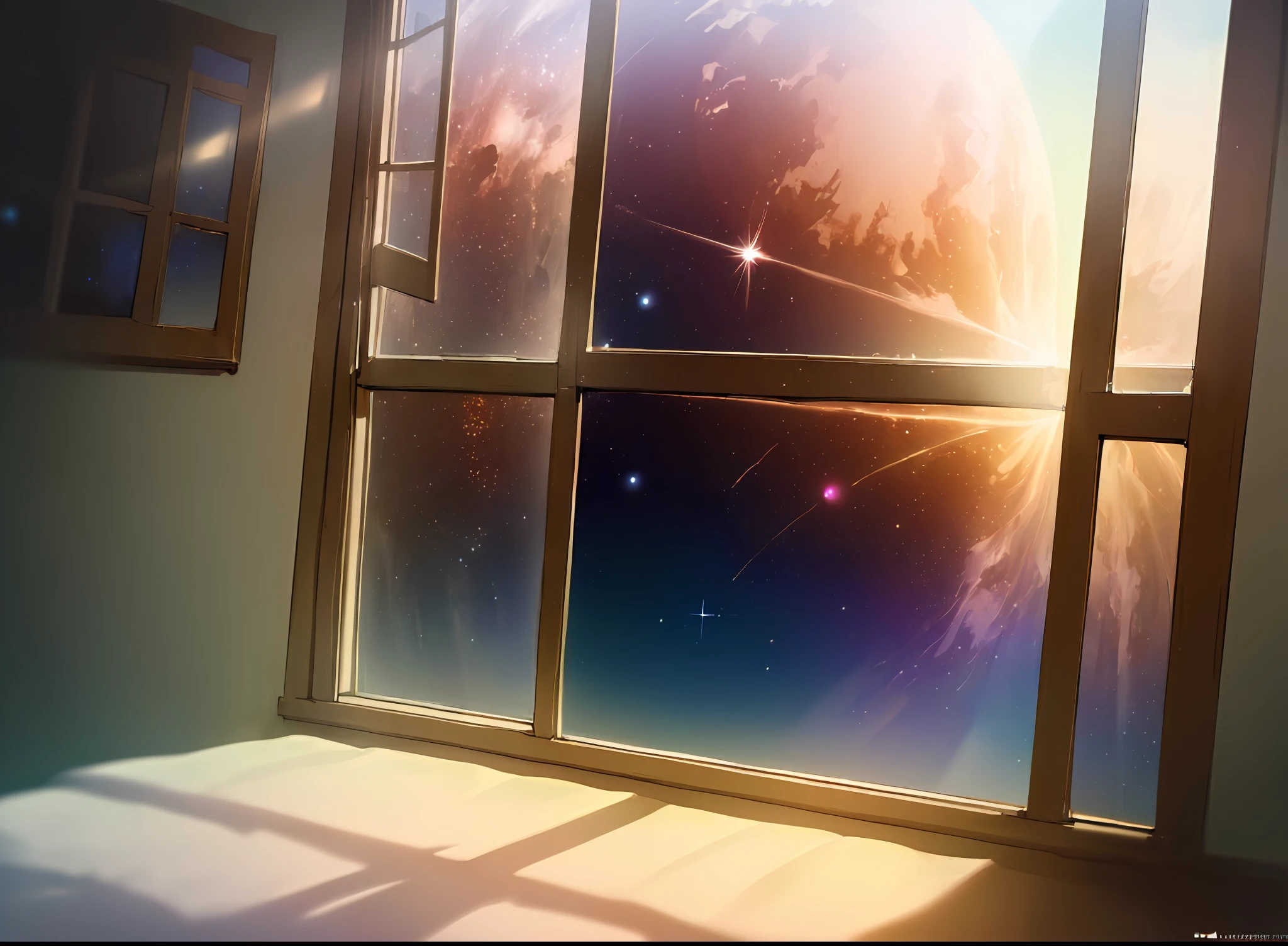 (((Masterpiece))), best quality, ultra-detailed CG unity 8k wallpaper the universe through a window
