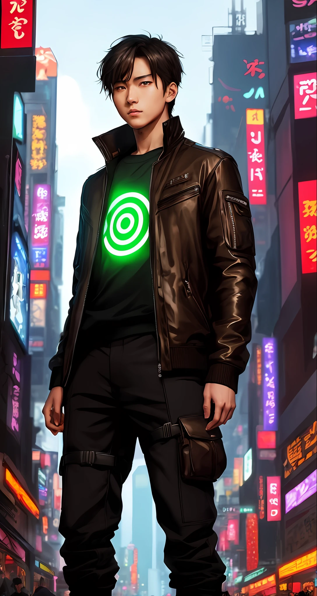 ((best quality)),((masterpiece1.4)),(anime style)(best artist),(best performance),(best art),(amazing designer),(Wlop style, Stanley Artgerm Lau, Ross Tran, Oh! Great, Takehino Inoue), (a boy with green eyes), brown hair, (wearing Cyberpunk clothes), in a (futuristic) city, (with bad lighting, dark, just focusing on the boy&#39;s eyes), (better background and landscape 1.4)