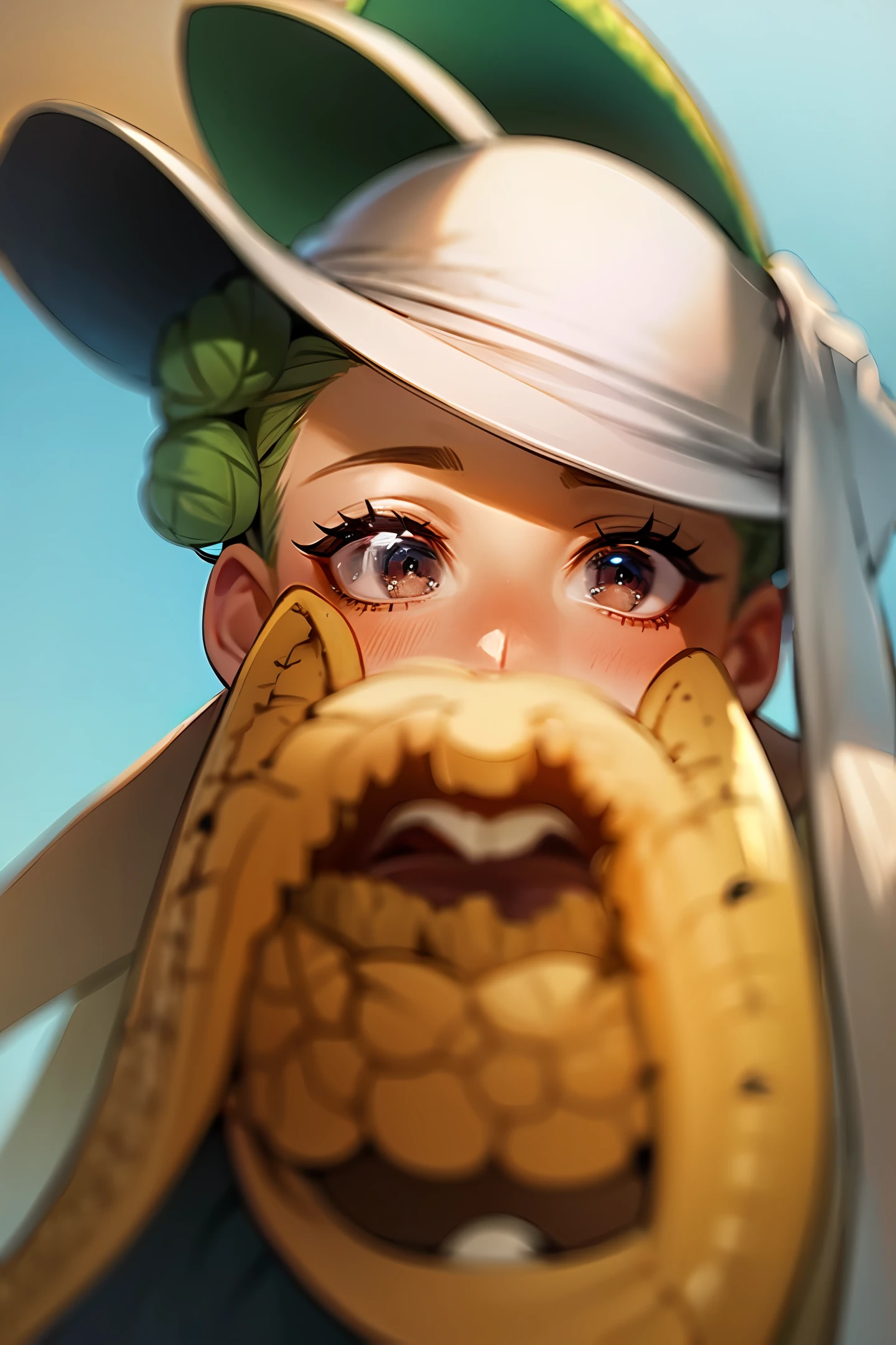 A woman shoving a banana in her mouth