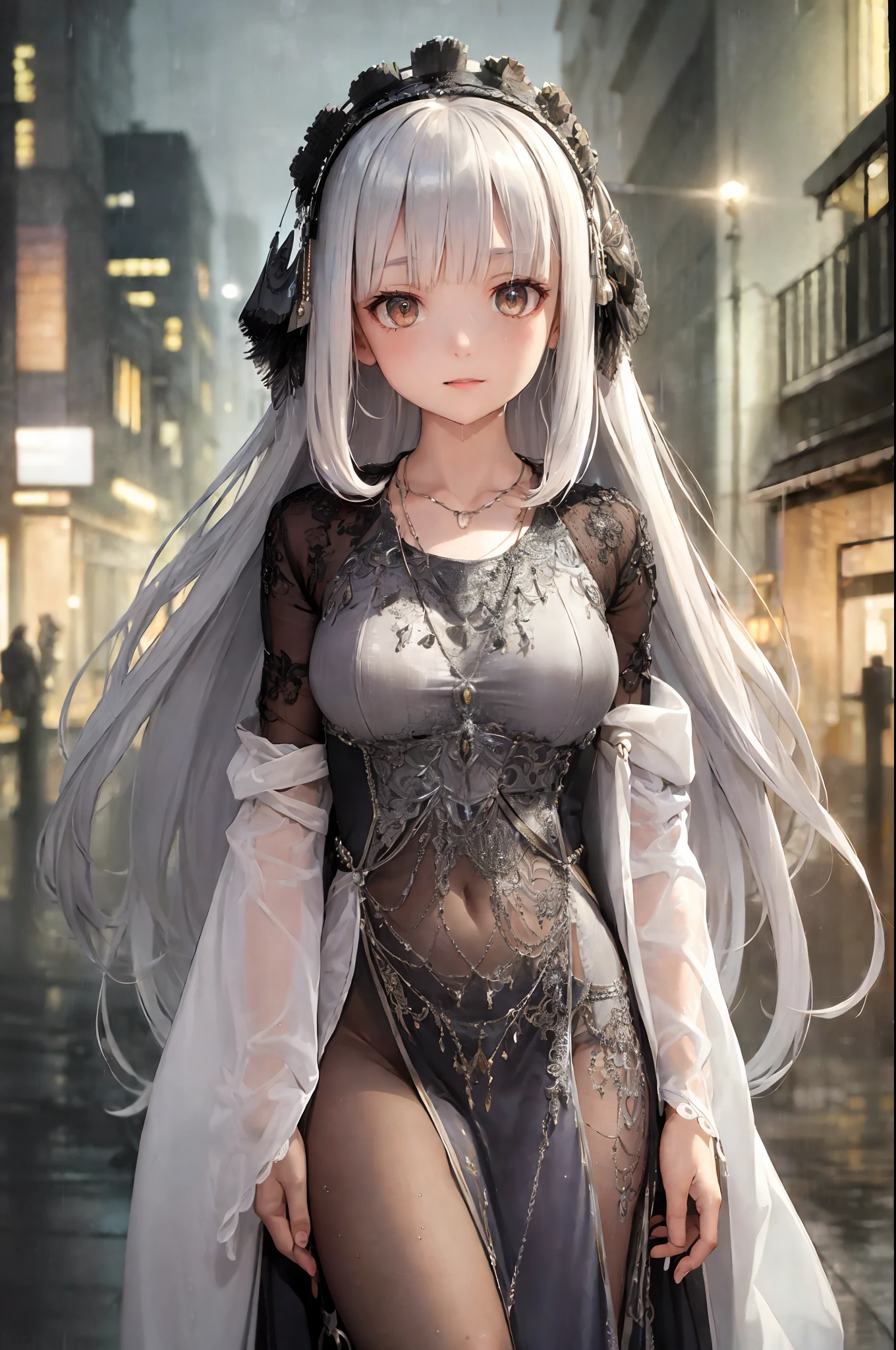 (8k, best quality, masterpiece: 1.2), one girl, headdress, portrait, (long loose silver exposed dress: 1.1), necklace, cute, cityscape, night, rain, wet, photon mapping, radiosity, physics-based rendering, (intricate details, taut clothes, hair ornaments: 1.2), silver hair