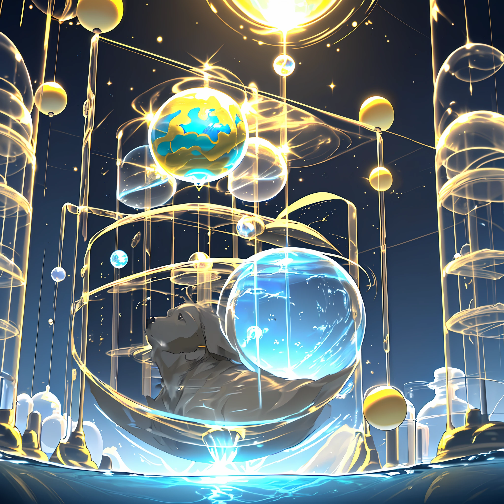 ((Black and gray lab:1.2)|(Lab:0.9)|(Lab environment)),((2 Men) AND (Floating:0.7|(Jump to catch sphere:1.2))),((Yellow energy: 1.1)|(Golden energy)|()(Energy)),((Shiny sphere:1.2)|(Yellow sphere)),(Big hair:1.1 AND Body of a god:1.1)