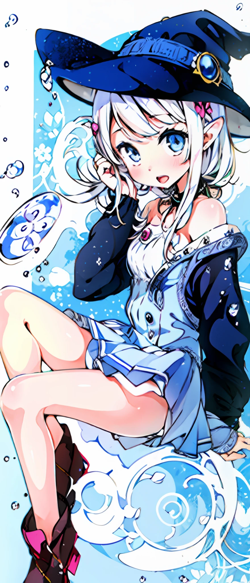 Anime girl with hat and boots sitting on snowflakes, ecchi anime style, ecchi style, seductive anime girl, beautiful anime girl squatting, cold, anime girl squatting, curvy loli, anime moe art style, kantai collection style, perfect for girls with white hair, cold snow, four seasons! ! : ☀ ❄, ecchi masterpiece, best picture quality, [(white background: 1.5)::0.9], (game character portrait), looking at the audience, field, 1girl, solo, full body, Elf ears , e girl , Litster type , Watery eyes , Large eyes , Delicate detailed eyes , Big breasts , Straight bangs , Short white hair , Blue Snowflake eyes , Round pupil , Happy , Slim , Colorful , Fantasy magical , Complex hair detail , Open mouth smile