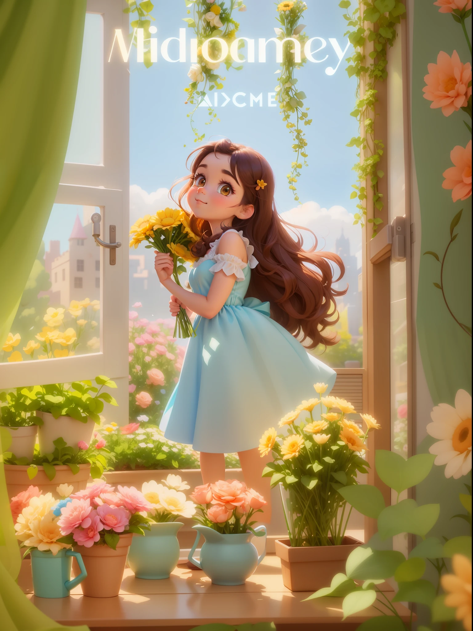 a close up of a cartoon character holding a bunch of flowers, in style of disney animation, adorable digital painting, animation style render, cute detailed digital art, trending on cgstation, beautiful digital illustration, beautiful digital artwork, animated film, cute digital art, character is in her natural pose, fantasy matte painting，cute, animated movie, atey ghailan 8 k