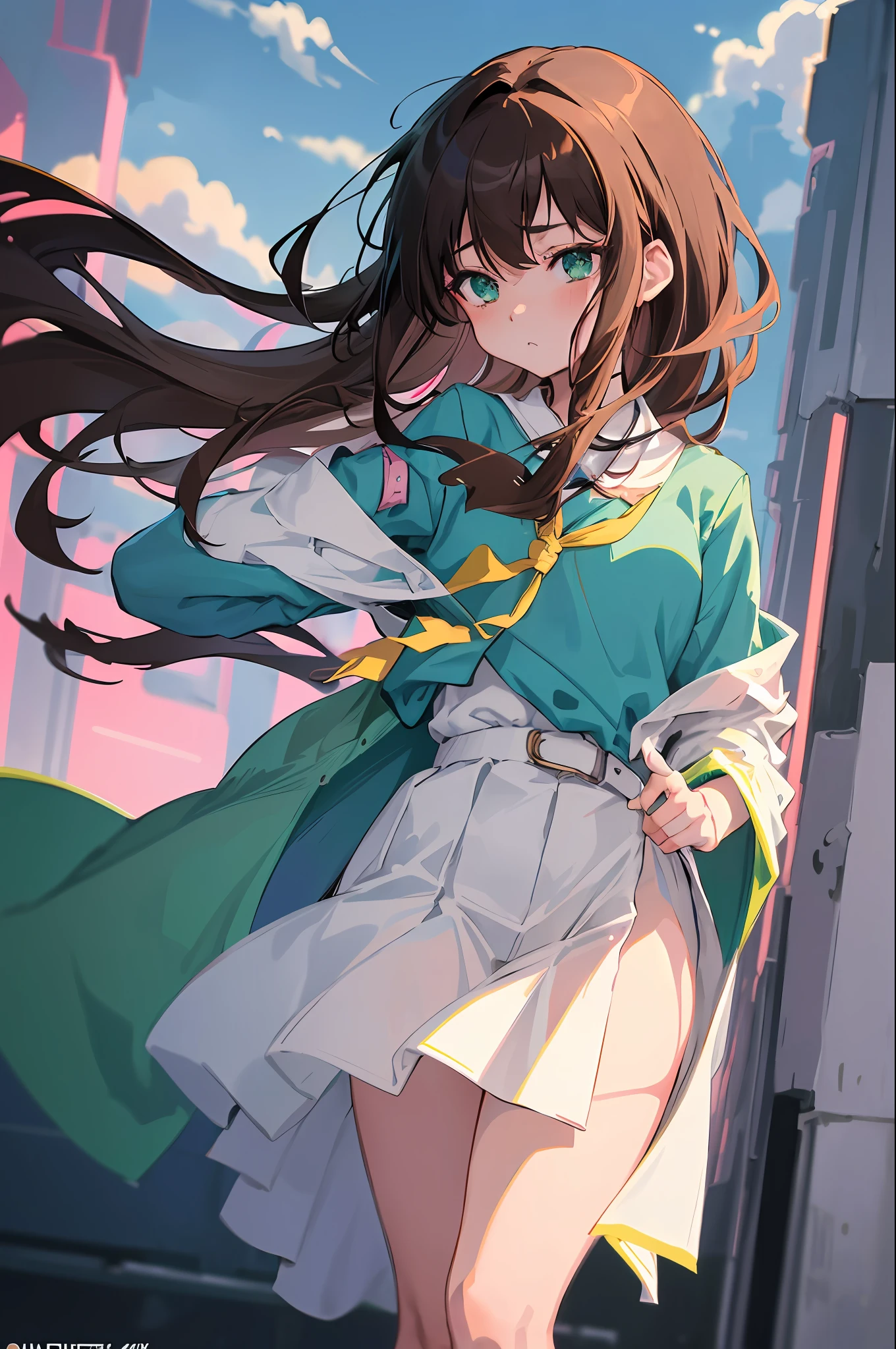 (anime style), ((artwork)), ((masterpiece)), (perfect quality), (perfect character), (amazing designer), (1 boy), (3:4 aspect ratio), (lighting hard linear), (best illustrator artist), (Wlop style), (amazing performance), (8k high definition landscape), (neutral pastel colors), (amazing Cyberpunk background), (a cute boy, with brown hair, green eyes , white skin, wearing a school uniform, in her shy and cute look), (in a calm and peaceful environment, with winds, highlighting the character), clouds in the blue sky, with little clarity.