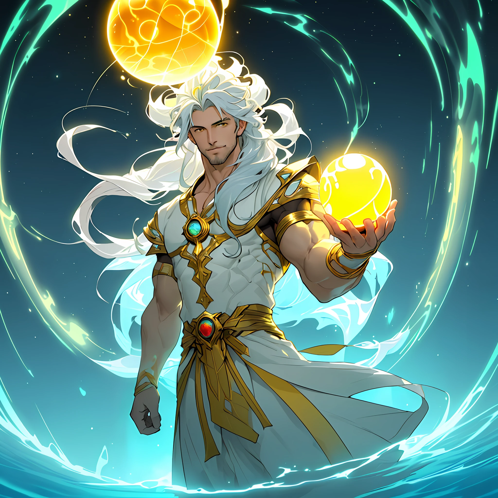 ((handsome man), (long hair), (sculpted body), (god of beauty)), ((two-story laboratory), (floating), (yellow glow emanating from a sphere in his hand)) the energy of sphere begins to enter inside the man's arm, his arm glows with yellow rays