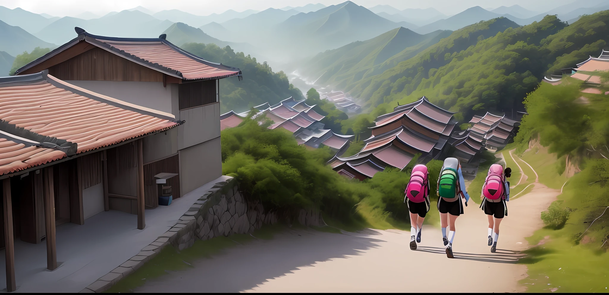 In the summer, 5 teenagers with backpacks, 12 years old, were running 🤬🤮💕🎀 on the side of the mountain leading to the ancient Chinese town, early in the morning! Against the background of trees, in the wild, with mountains and an old town, early in the morning,