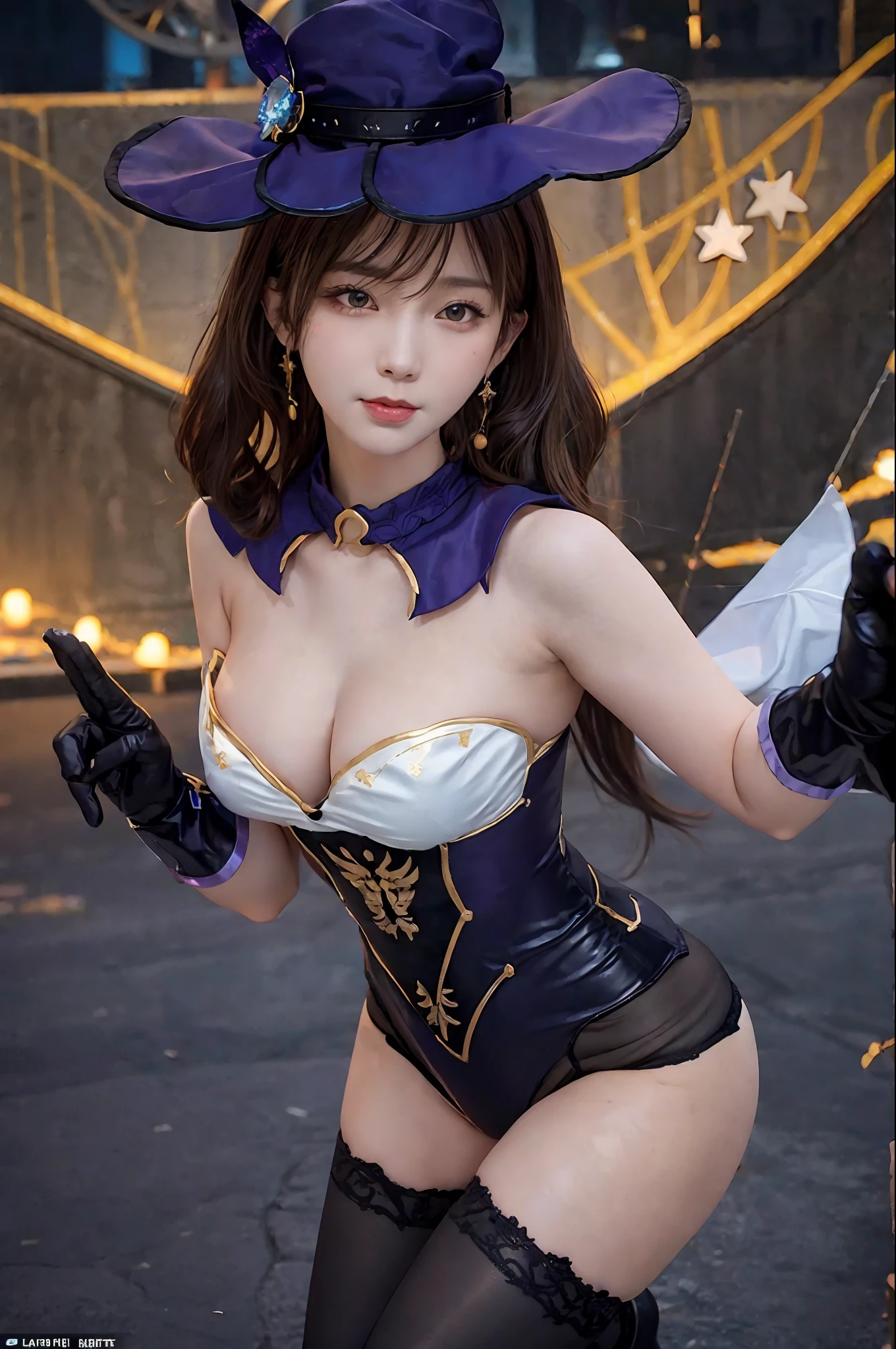 (Korean girl request, masterpiece), best quality, high us, 1girl, black hair, long hair, brown hair, star hair ornament, twintails, side, witch hat, hat ornament, green eyes, star earrings, black choker, black collar, Fur collar, body stockings, pantyhose, black pantyhose, detachable sleeves, long sleeves, gloves, black gloves, elbow gloves, cape, leotard, purple leotard, high leg leotard, strapless leotard, gold trim, high heels, jewelry, medium Breasts, Thighs, Thighs, Stars ( Symbols), Mona \(Kenshin Impact\), Poolside, Daytime, Sunshine, Standing, Looking at Viewer, Slight Smile, Hands on Own Hips, Background Dreamy,