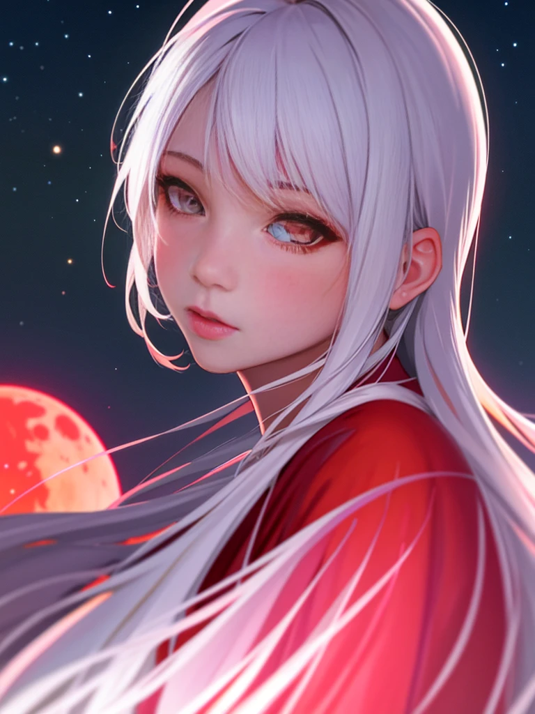 1girl, beautiful face, ((white eyes)), sexy pose, Red moon in the background, stars, space, (lightroom:1.13), soft light, (natural skin texture:1.2), (hyperrealism:1.2), sharp focus, focused