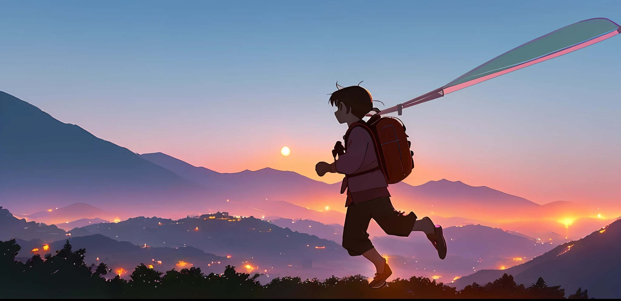 In summer, evening, sunset, 10 teenagers with backpacks, aged 8-12, run 🤬🤮💕🎀 on the side of the mountain leading to the ancient Chinese town, evening, sunset! Against the background of trees, in the wild, with mountains and an old town, in the evening, with paragliders in the sky
