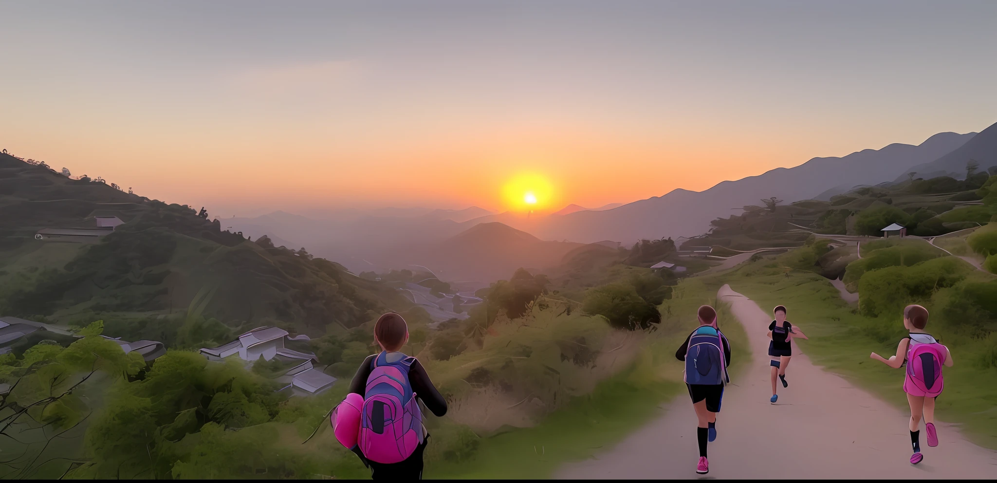 In summer, evening, sunset, 10 teenagers with backpacks, aged 8-12, run 🤬🤮💕🎀 on the side of the mountain leading to the ancient Chinese town, evening, sunset! Against the background of trees, in the wild, with mountains and an old town, in the evening, with paragliders in the sky
