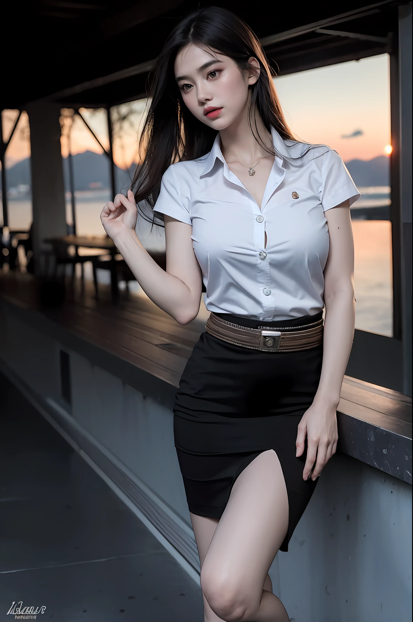 (8k, best quality, masterpiece, ultra highres:1.2) Photo of Pretty Japanese woman beautiful, beautiful enchanting fashion contemporary painting with a, looking at the viewer, ((sunset background)), (1girl), (white shirt short sleeves), ((black pencil skirt)), belt, ((hand down)),black hair, medium hair, high angle photo of a gorgeous woman, realistic skin texture, looks up, (nudity), round chin, 85 mm art lens, f 1. 2, sharp focus, 8 k high definition, insanely detailed, intricate, elegant, large breasts, dynamic pose, large breasts,