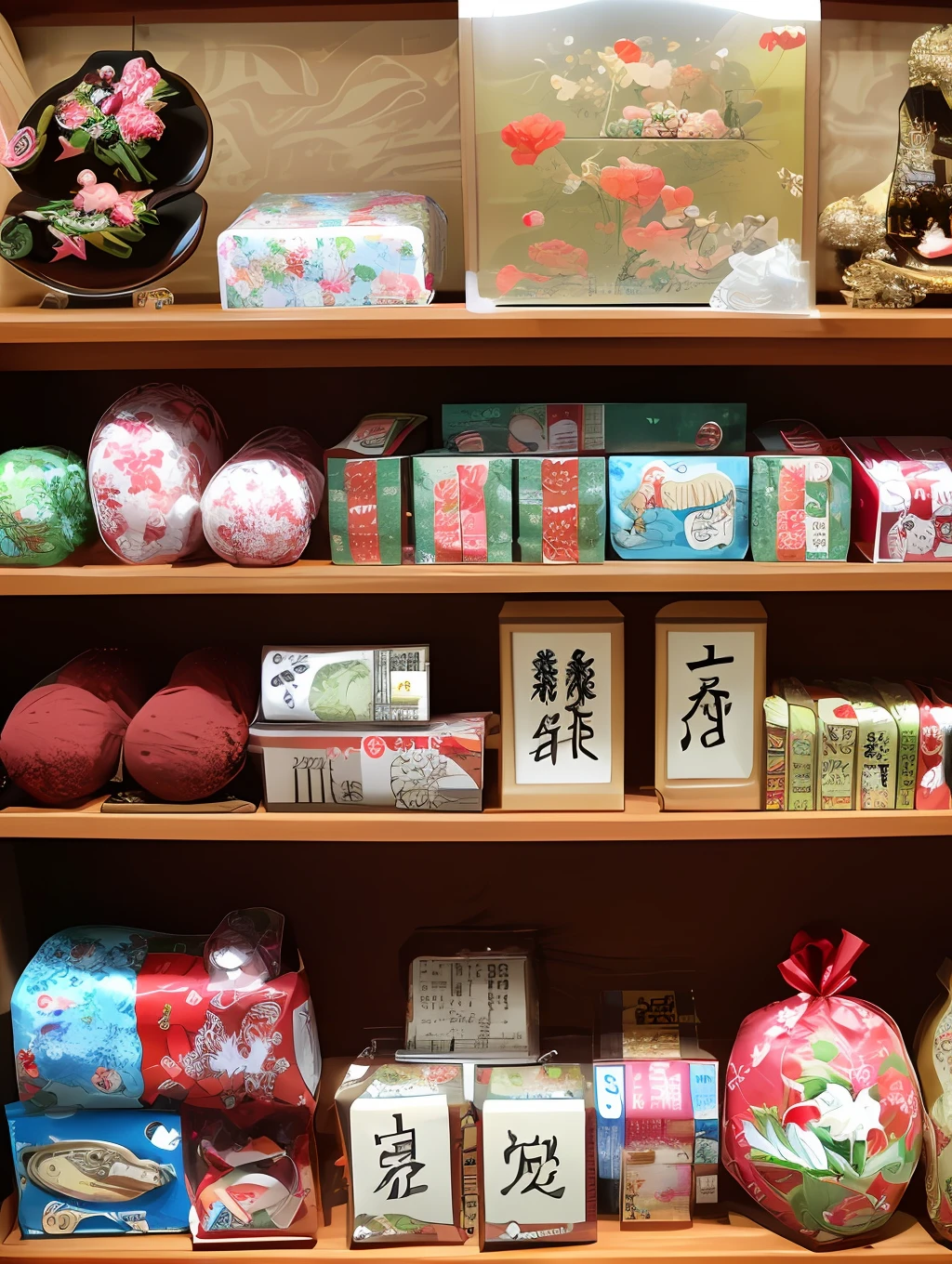 Goods contained within the gift shop, Japan, realistic, highly detailed, sharply