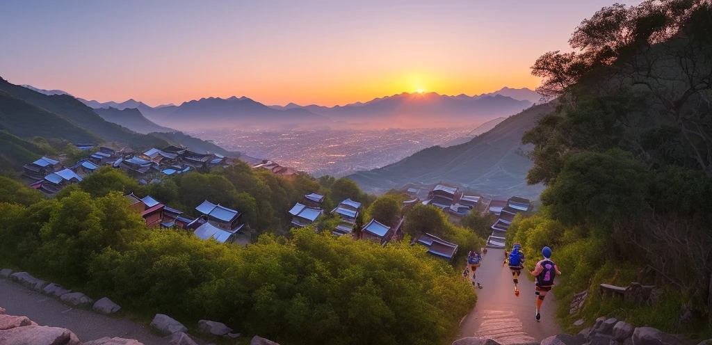 In summer, evening, sunset, 10 teenagers with backpacks, aged 8-12, run 🤬🤮💕🎀 on the side of the mountain leading to the ancient Chinese town, evening, sunset! Against the background of trees, in the wild, with mountains and an old town, in the evening, with paragliders in the sky
