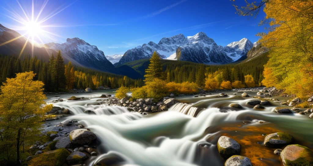 detailed background, masterpiece, best quality, scenery, mountains, river, forest, sun, day, clouds