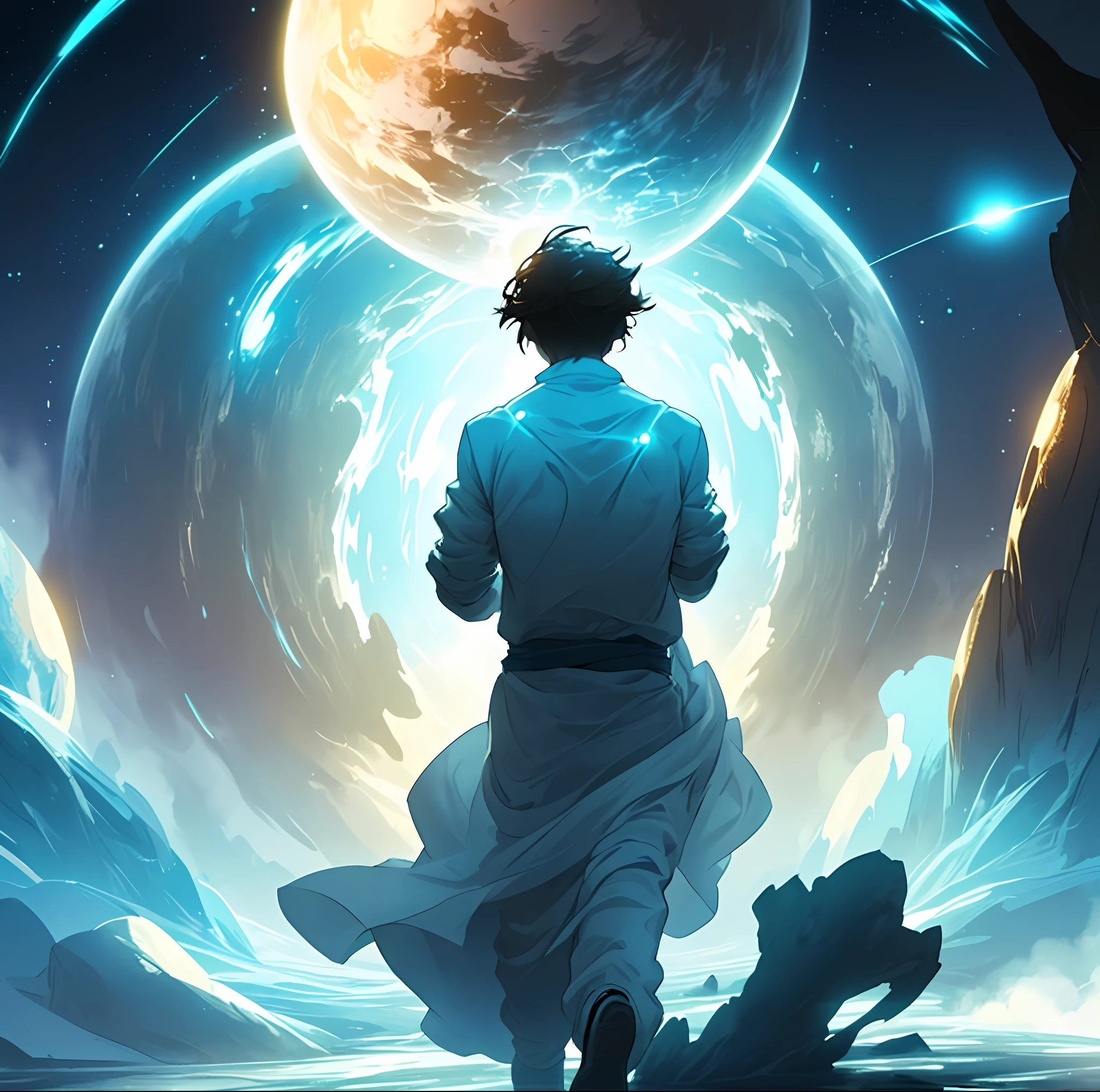 An emotional scene, seen from the back, in which a man runs towards a glowing sphere in front of him, while a mysterious person tries to take it for himself. The environment is dim, with little lighting, just enough to highlight the glowing orb. There are elements of suspense and danger in the scene.