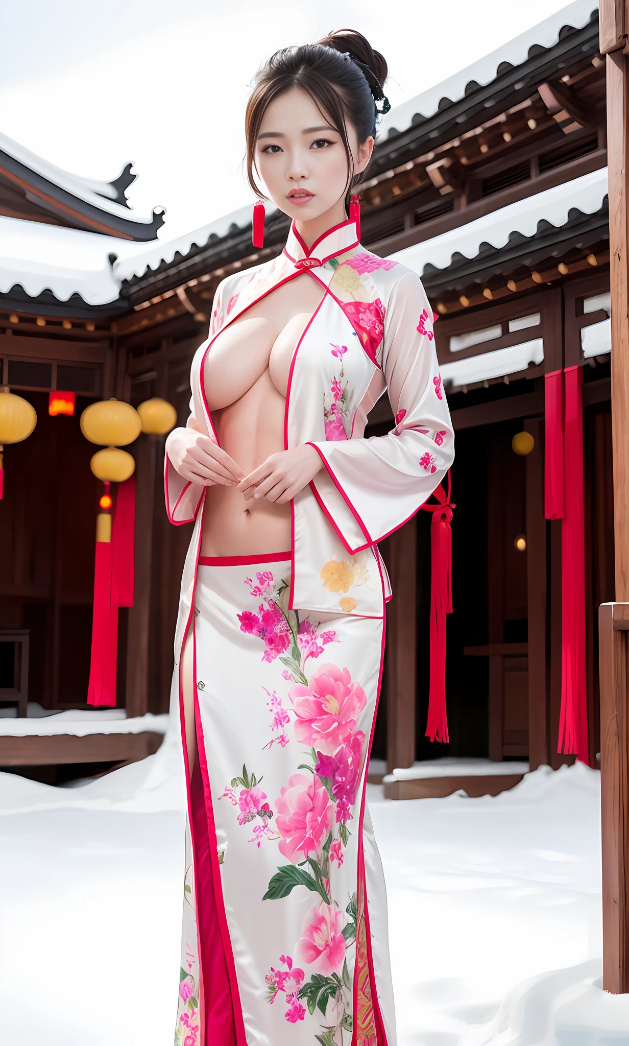 8k, raw photos, a Chinese woman in traditional costumes of the Tang Dynasty standing outdoors (perfect female body, 30-year-old mature woman, perfect face, pale face, sick, thin, bony, skinny, big breasts), Hands hidden, breasts squeezed together, smooth belly, fleshy details, front facing the viewer, snow falling on her, snow, realistic painting, artistic photography, super high resolution, (realistic: 1.4), , masterpiece, sharp lines, bright colors,