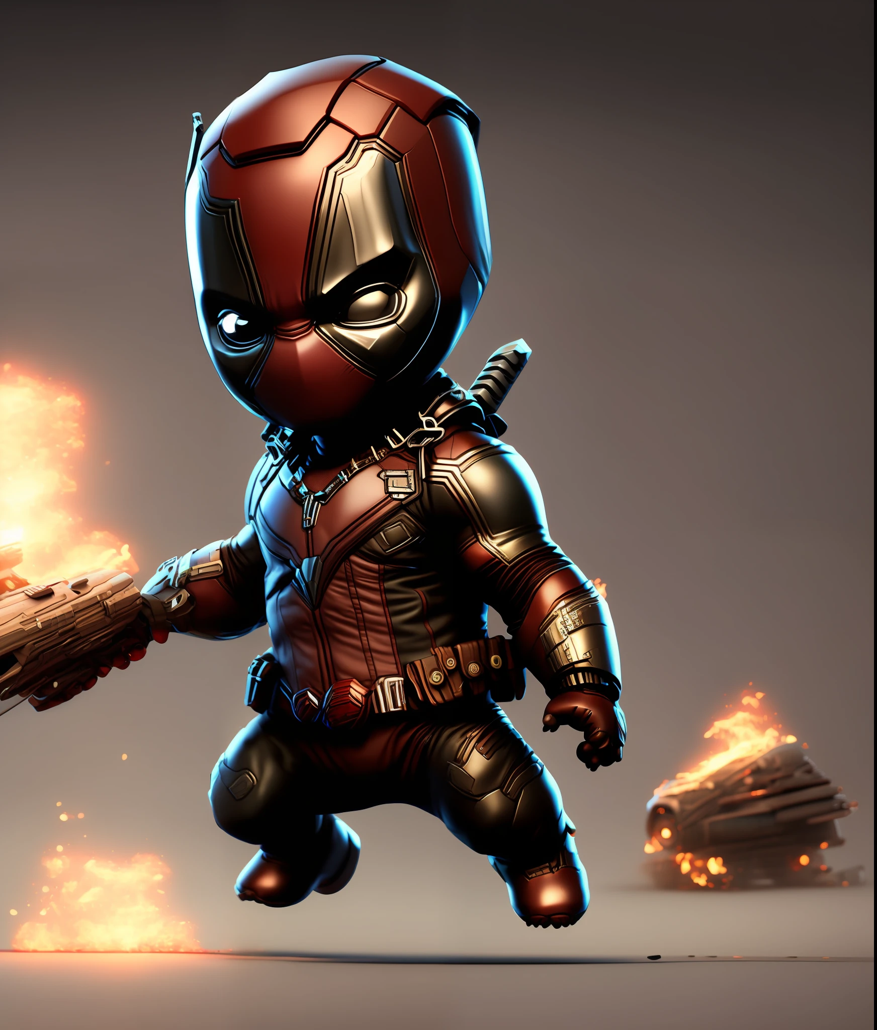 cinematic shot of  realistic cute deadpool , surounded by fire, seamless, epic, cinematic, intricate detail, award winning, great lighting, shading, high quality, detailed