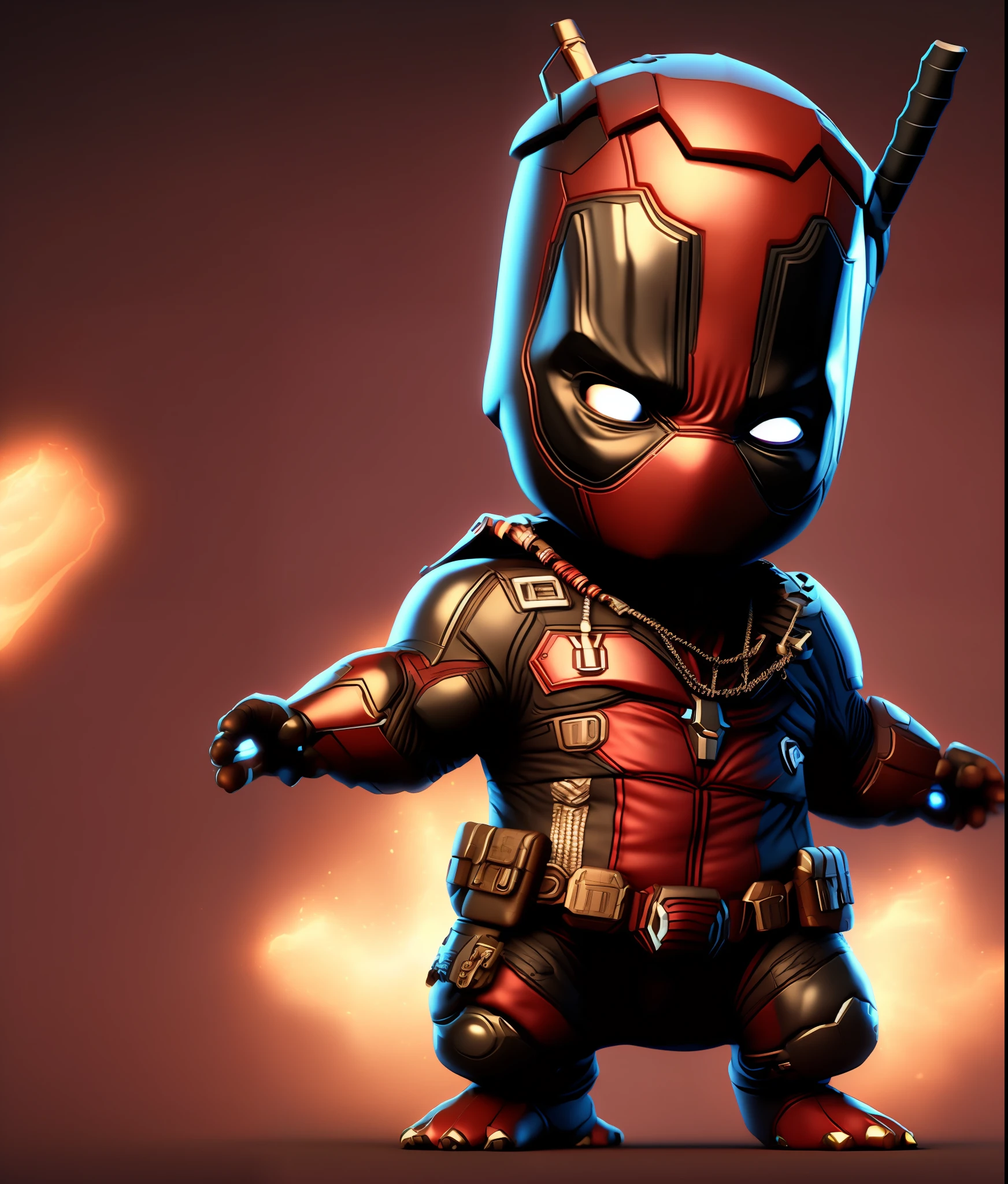 cinematic shot of  realistic cute deadpool , surounded by fire, seamless, epic, cinematic, intricate detail, award winning, great lighting, shading, high quality, detailed