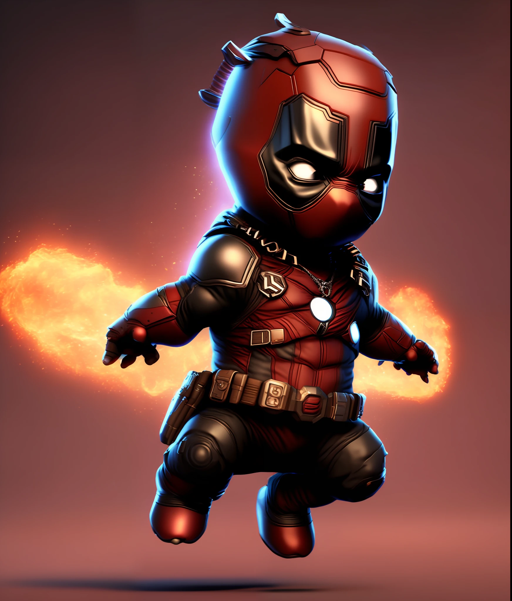 cinematic shot of  realistic cute deadpool , surounded by fire, seamless, epic, cinematic, intricate detail, award winning, great lighting, shading, high quality, detailed