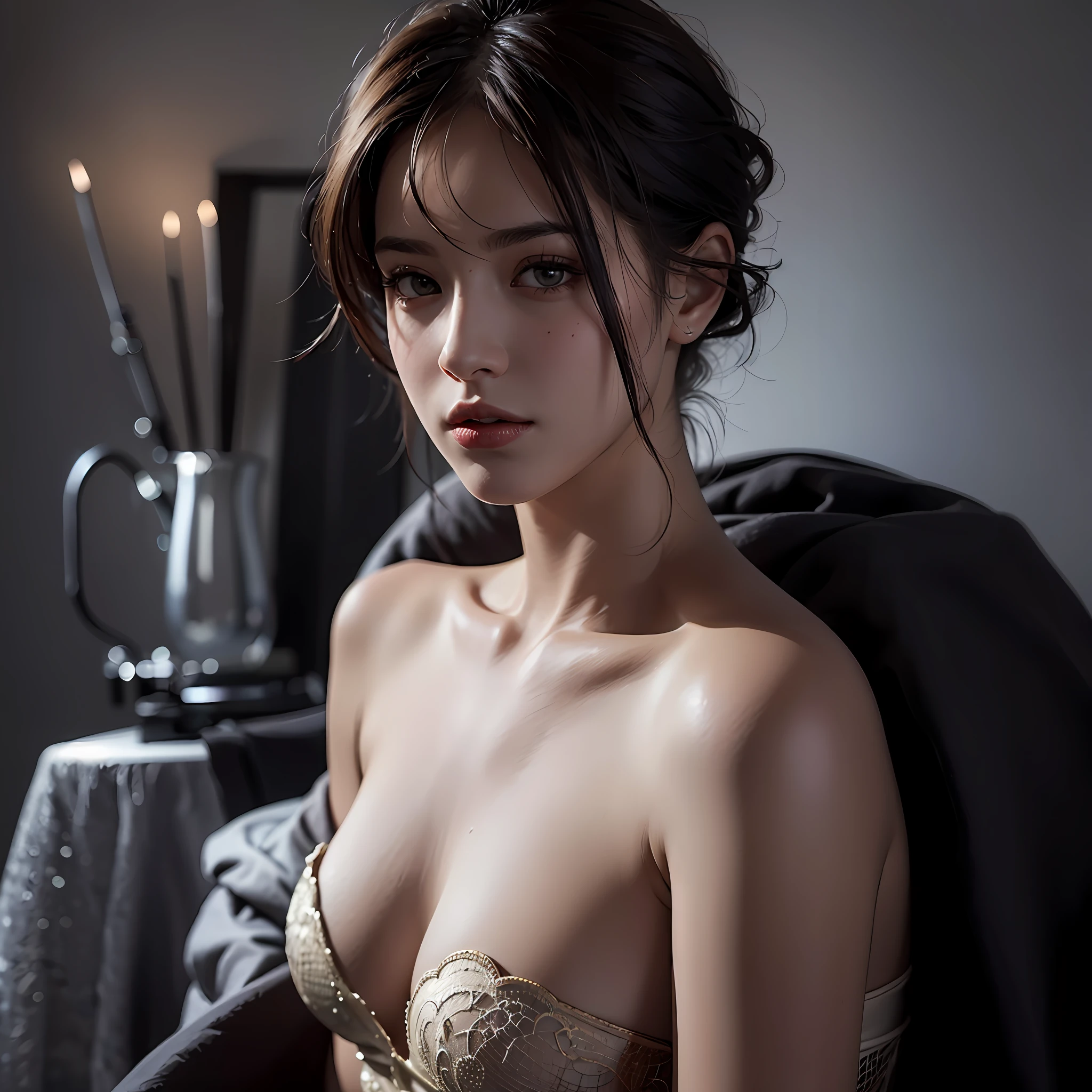 Best quality, masterpiece, ultra high res, (photorealistic:1.4), raw photo, 1girl, offshoulder, in the dark, deep shadow, low key, cold light, sexy look, short hair