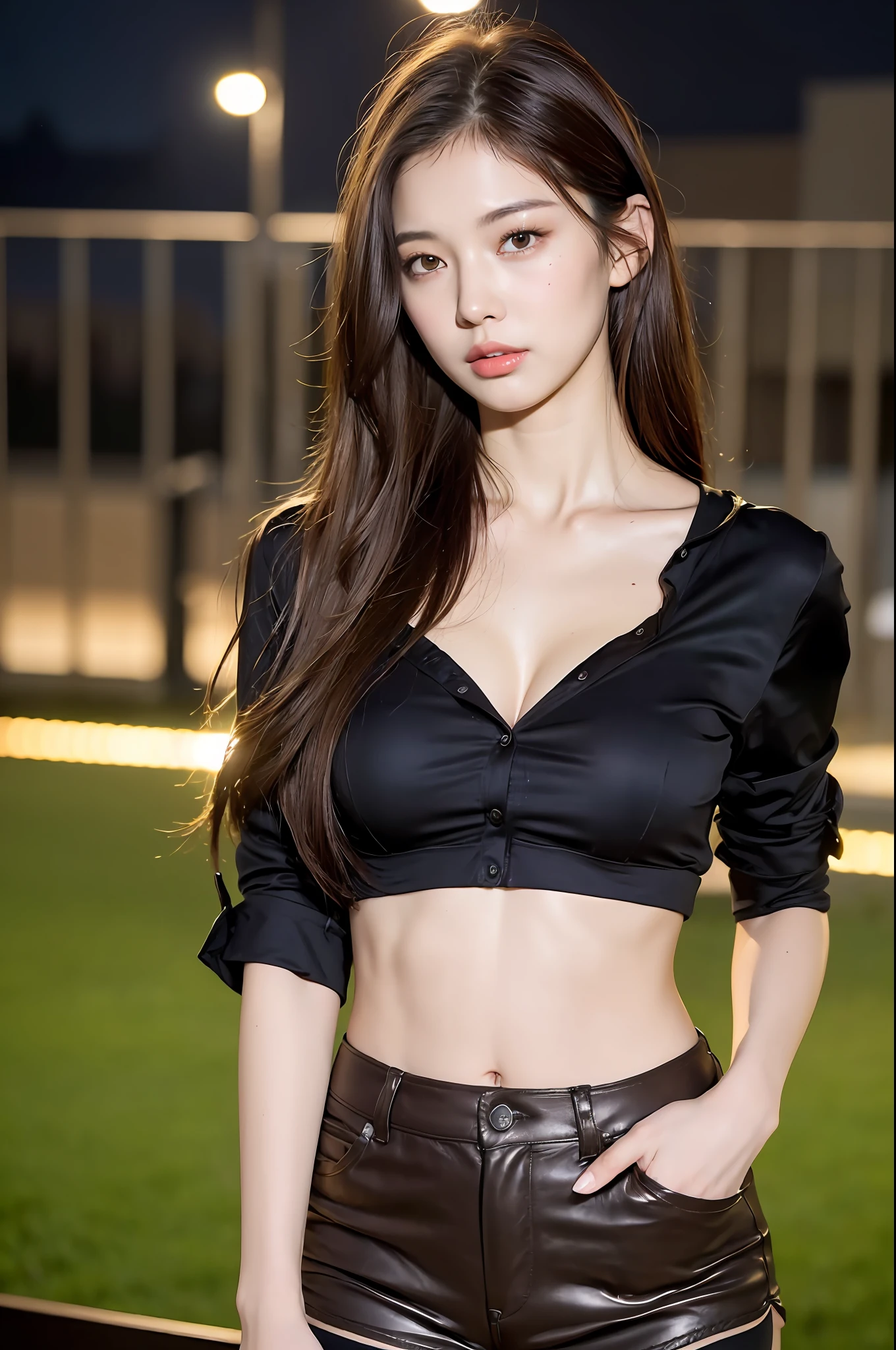 ((Best quality, 8k, Masterpiece :1.3)), Whole body, Long legs, Sharp focus, 1girl, Pretty woman with perfect figure :1.4, Slender abs :1.1, ((Dark brown hair, Breasts :1.2)), (Long shirt, Shorts :1.3), City night, Highly detailed face and skin texture, Detailed eyes, Double eyelid
