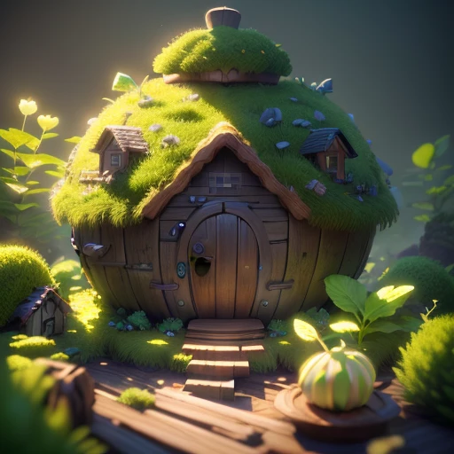 masterpiece, best quality, (extremely detailed CG unity 8k wallpaper), (best quality), (best illustration), (best shadow), A round turnip hut covered with moss, isometric 3D, octane render,ray tracing,ultra detailed