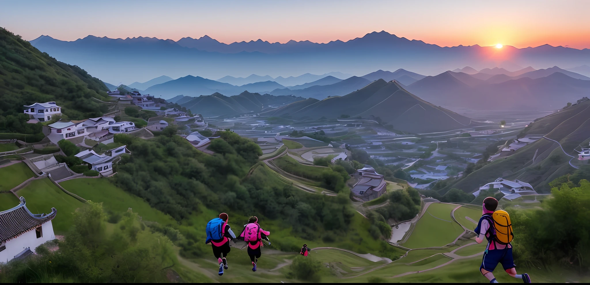 Summer, evening, sunset, 5 teenagers with backpacks, aged 8-12, running on the side of the mountain leading to the ancient Chinese town 🤬🤮💕🎀, evening, sunset! Against the background of trees, in the wild, with mountains and an old town, in the evening, with paragliders in the sky