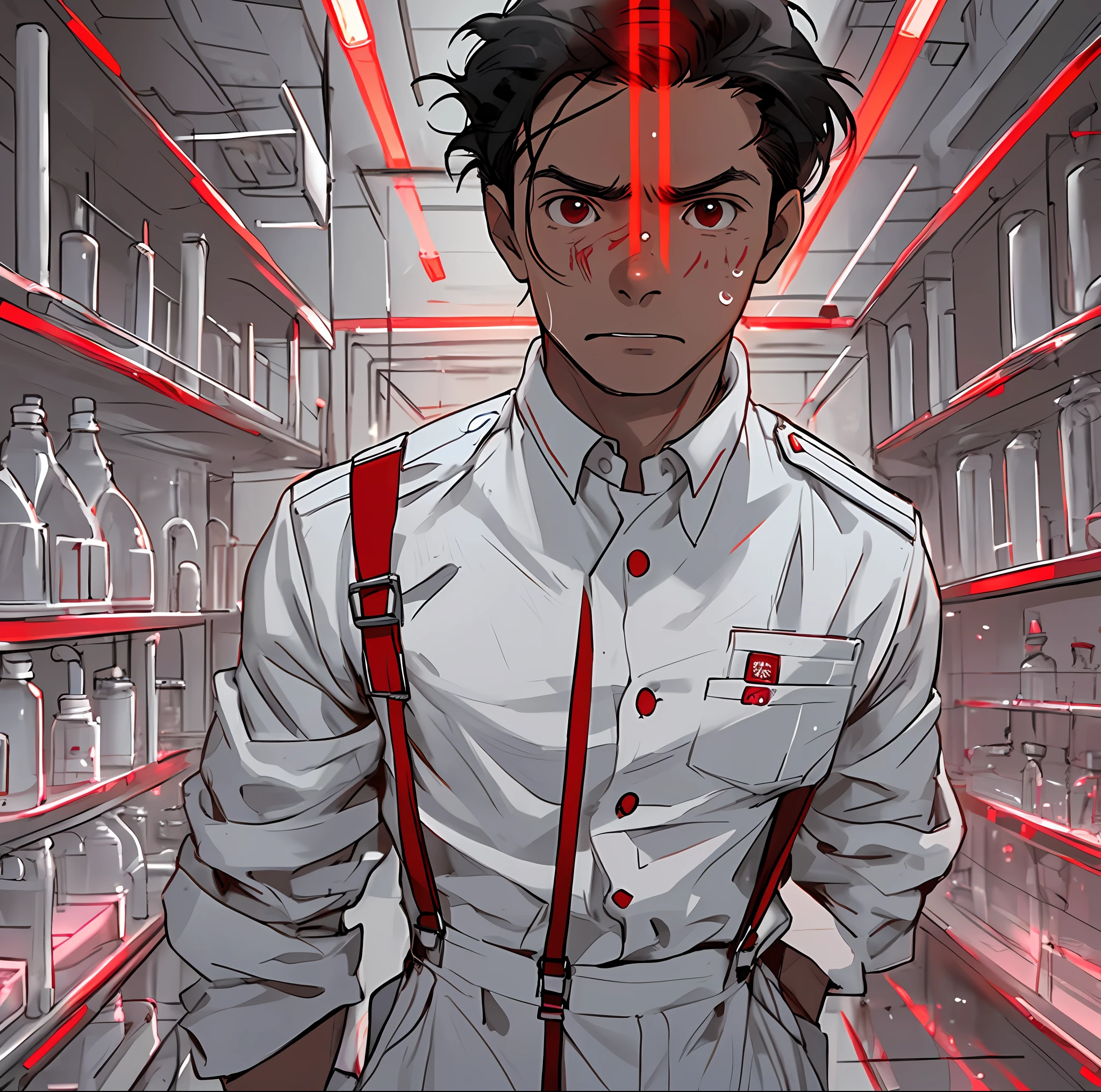 A Cleaner named Rodrigo, with a fearful expression, wearing a white uniform with red suspenders, in a large laboratory with black and white details and red lights. Include visual dynamism and immersive feelings in the final image.&quot;