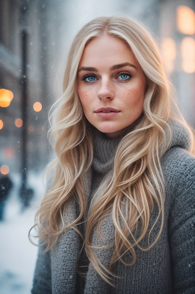 professional portrait photograph of a gorgeous Norwegian girl in winter clothing with long wavy blonde hair, sultry flirty look, (freckles), gorgeous symmetrical face, cute natural makeup, wearing elegant warm winter fashion clothing, ((standing outside in snowy city street)), stunning modern urban environment, ultra realistic, concept art, elegant, highly detailed, intricate, sharp focus, depth of field, f/1. 8, 85mm, medium shot, mid shot, (((professionally color graded))), bright soft diffused light, (volumetric fog), trending on instagram, hdr 4k, 8k