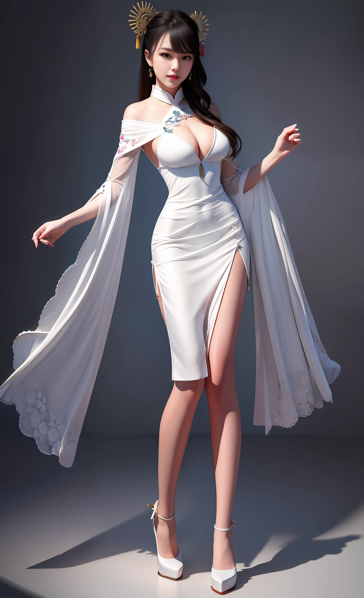 Best quality, Masterpiece, High resolution, 1 Chinese girl, Full body shot, Front view looking at viewer, Porcelain dress, Beautiful face, Physical, Realistic, Dark studio, Edge lighting, Wearing white embroidered cloth shoes, Two tone lighting , (high detail skin: 1.2), 8k uhd, DSLR, soft light, high quality, volumetric light, sneak shot, photo, high resolution, 4k, 8k, detailed RAW color Photo, breasts out