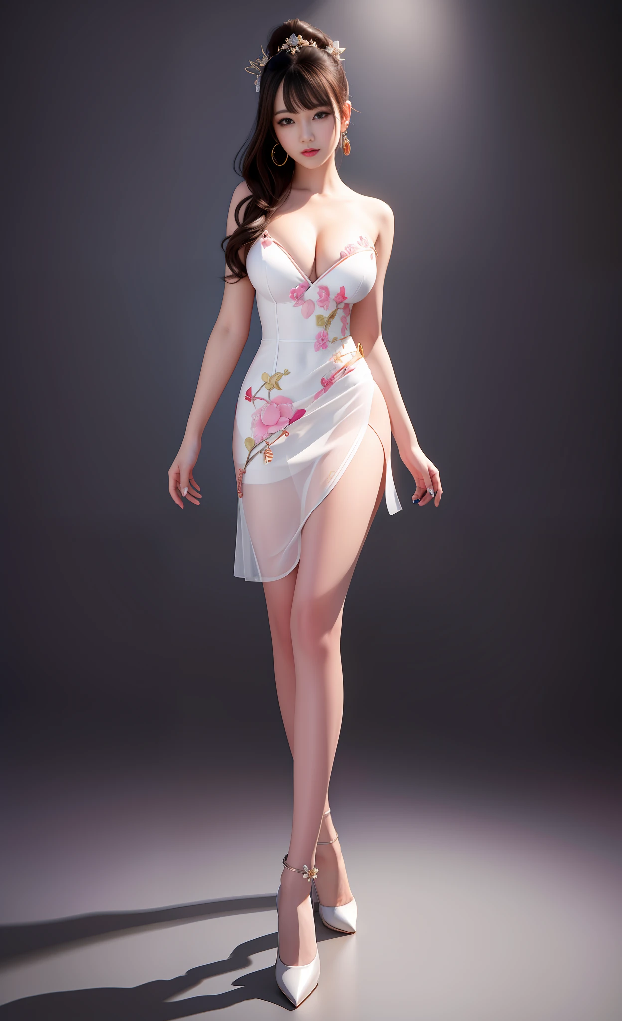 Best quality, Masterpiece, High resolution, 1 Chinese girl, Full body shot, Front view looking at viewer, Porcelain dress, Beautiful face, Physical, Realistic, Dark studio, Edge lighting, Wearing white embroidered cloth shoes, Two tone lighting , (high detail skin: 1.2), 8k uhd, DSLR, soft light, high quality, volumetric light, sneak shot, photo, high resolution, 4k, 8k, detailed RAW color Photo, breasts out