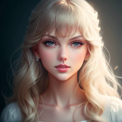 Taylor Swift, wearing a white dress, white background, centered composition, one-third of the head, original analog style, long flowing hair, charming eyes, charming expression. The background should be neutral and simple, allowing Taylor to be the focal point of the image. Pay close attention to details such as highlights and shadows on her face and hair to create a realistic image. Experiment with different lighting techniques to enhance the mood and mood of your portraits. The final product should be a masterpiece that captures Taylor's essence and beauty, ((highly detailed skin, skin detail)), sharp focus, volumetric fog, 8k uhd, dslr, high quality, film grain, fujifilm xt3