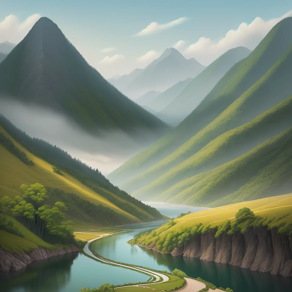 The beauty of mountains and rivers, ultra-detailed landscape paintings in the style of Chinese painting, the distant mountains are like daisy, the near water is full of smoke, a flat boat, green bamboo, natural tranquility