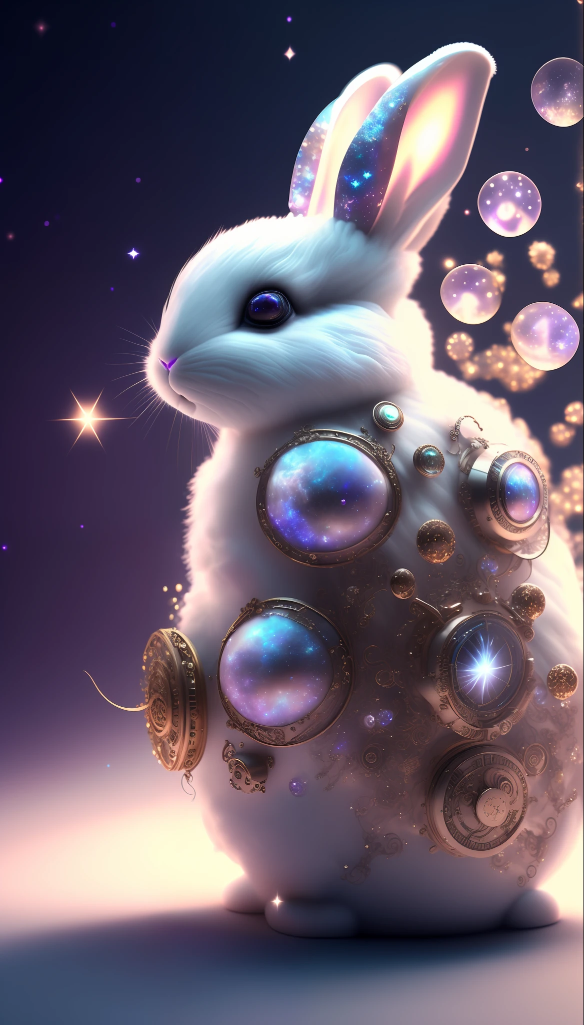 galaxy, spiral, space, nebula, stars, smoke, iridescent, intricate details, steampunk white bunny shape, full body, octane render, surreal, octane render, 8k, uplight, dreamlikeart