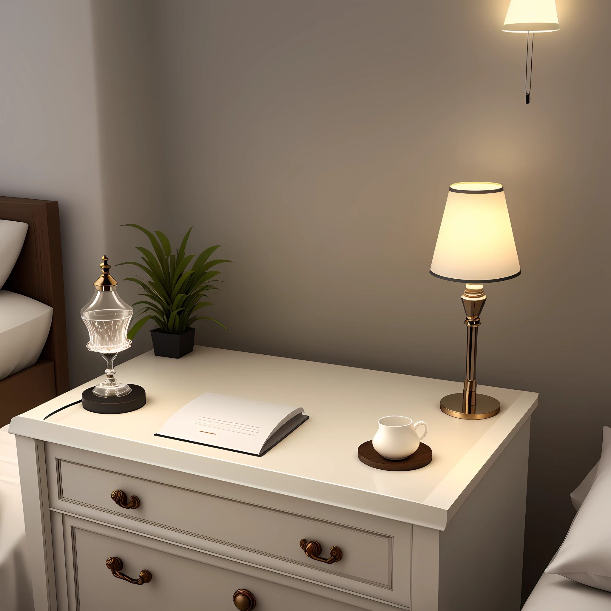 Masterpiece, best quality, 3D special effects, exquisite minimalist bedside table with a desk lamp, one hand holding a water glass, one hand, light desk lamp