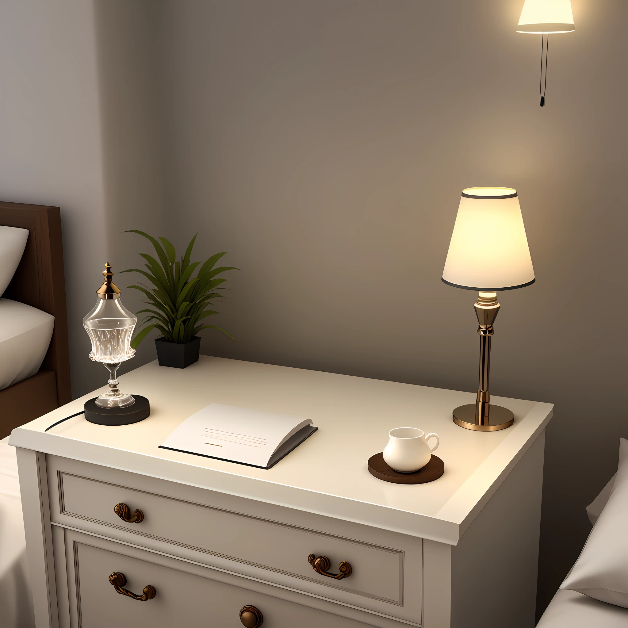 Masterpiece, best quality, 3D special effects, exquisite minimalist bedside table with a desk lamp, one hand holding a water glass, one hand, light desk lamp