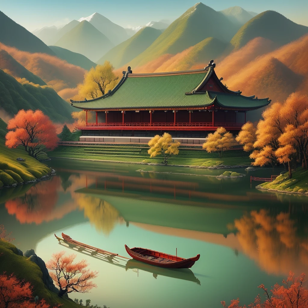 "Harmony of Seasons", Detailed Traditional Chinese-style Landscape Painting, jade-green mountains, tranquil river with an old wooden boat, vibrant autumnal hues, a symphony of nature, the eternal cycle of seasons.