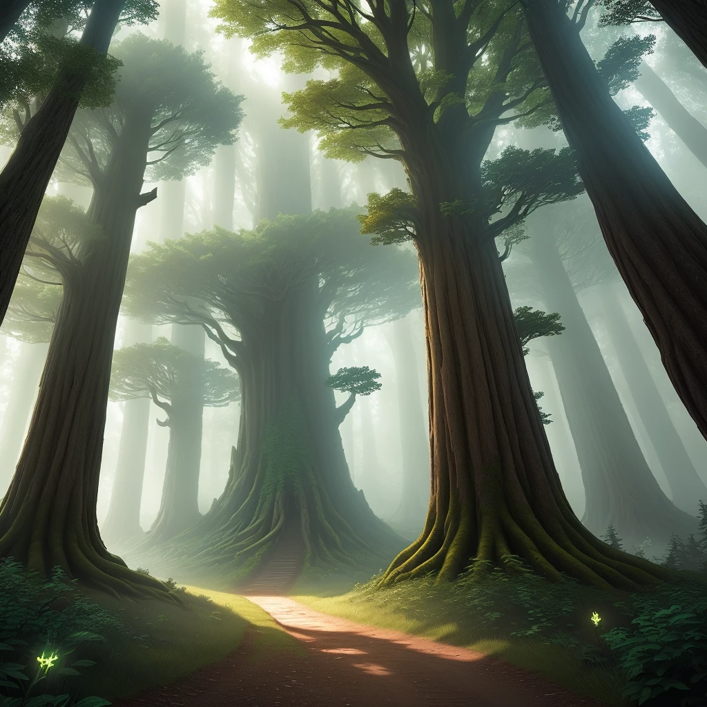 "Forgotten Realms", Detailed Game CG of a Mysterious Forest Level, towering ancient trees, magical creatures, glowing runes on the forest floor, the call of adventure, a journey into the unknown.