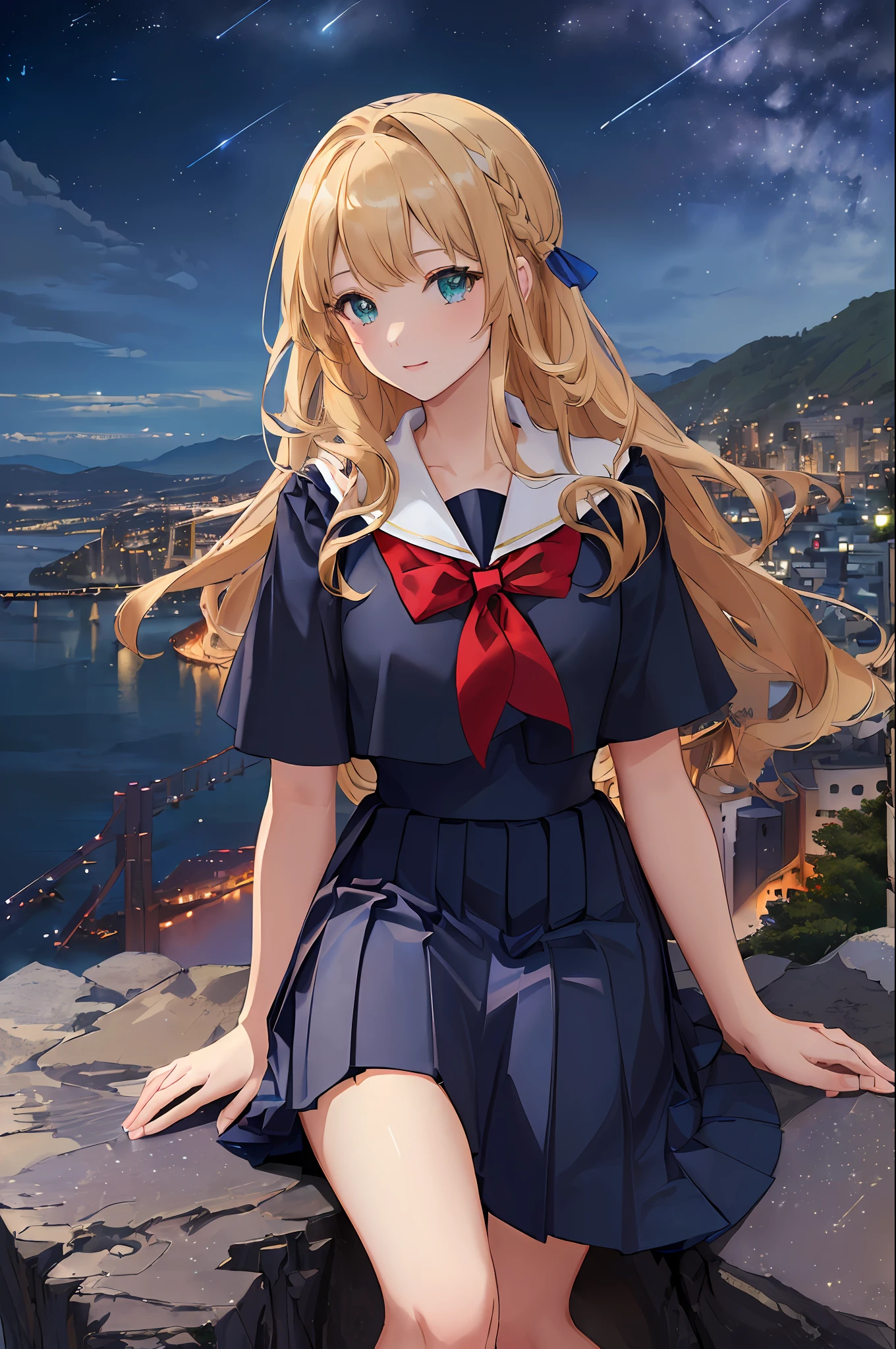 (((masterpiece: 1.5, best quality, high resolution: 1.3, super resolution, super detailed, ultra detailed:1.3, rich background:1.2))), ((close up)), 1girl, solo, green eyes, blonde long hair tied with blue ribbon, blunt bangs, cute hairpin, school uniform, white serafuku, red sailor collar, short sleeves, blue pleated skirt, (outdoor), ((sitting on the edge of cliff)), (on top of hill), ((city scenery behind: 1.3)), scenery, ((nighttime)), dark, (lowlight: 1.1), moon, (moonlight: 1.2), ((dynamic light: 1.4)), sky ( meteor shower: 1.5)