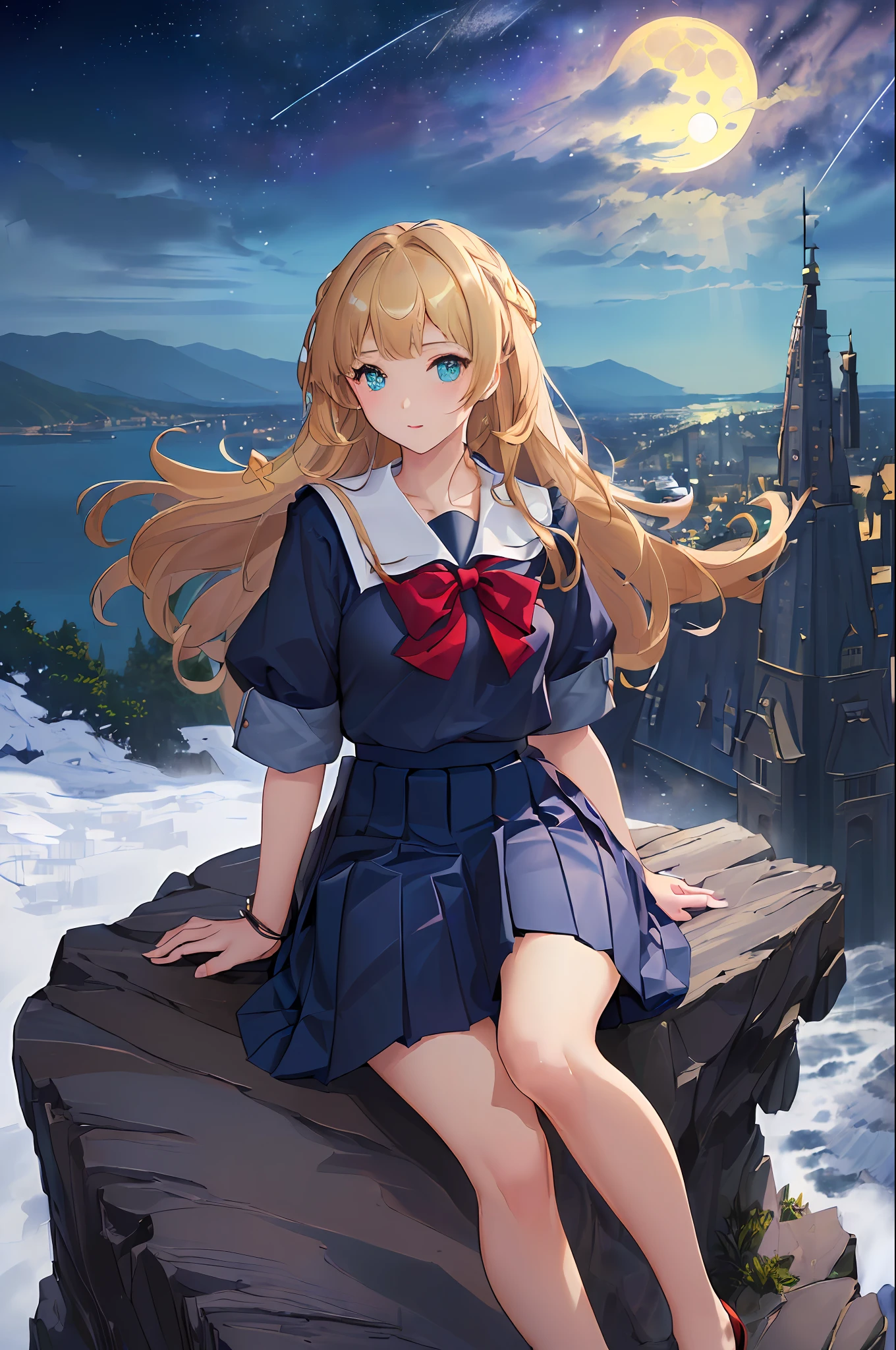(((masterpiece: 1.5, best quality, high resolution: 1.3, super resolution, super detailed, ultra detailed:1.3, rich background:1.2))), ((close up)), 1girl, solo, green eyes, blonde long hair tied with blue ribbon, blunt bangs, cute hairpin, school uniform, white serafuku, red sailor collar, short sleeves, blue pleated skirt, (outdoor), ((sitting on the edge of cliff)), (on top of hill), ((city scenery behind: 1.3)), scenery, ((nighttime)), dark, (lowlight: 1.1), moon, (moonlight: 1.2), ((dynamic light: 1.4)), sky ( meteor shower: 1.5)
